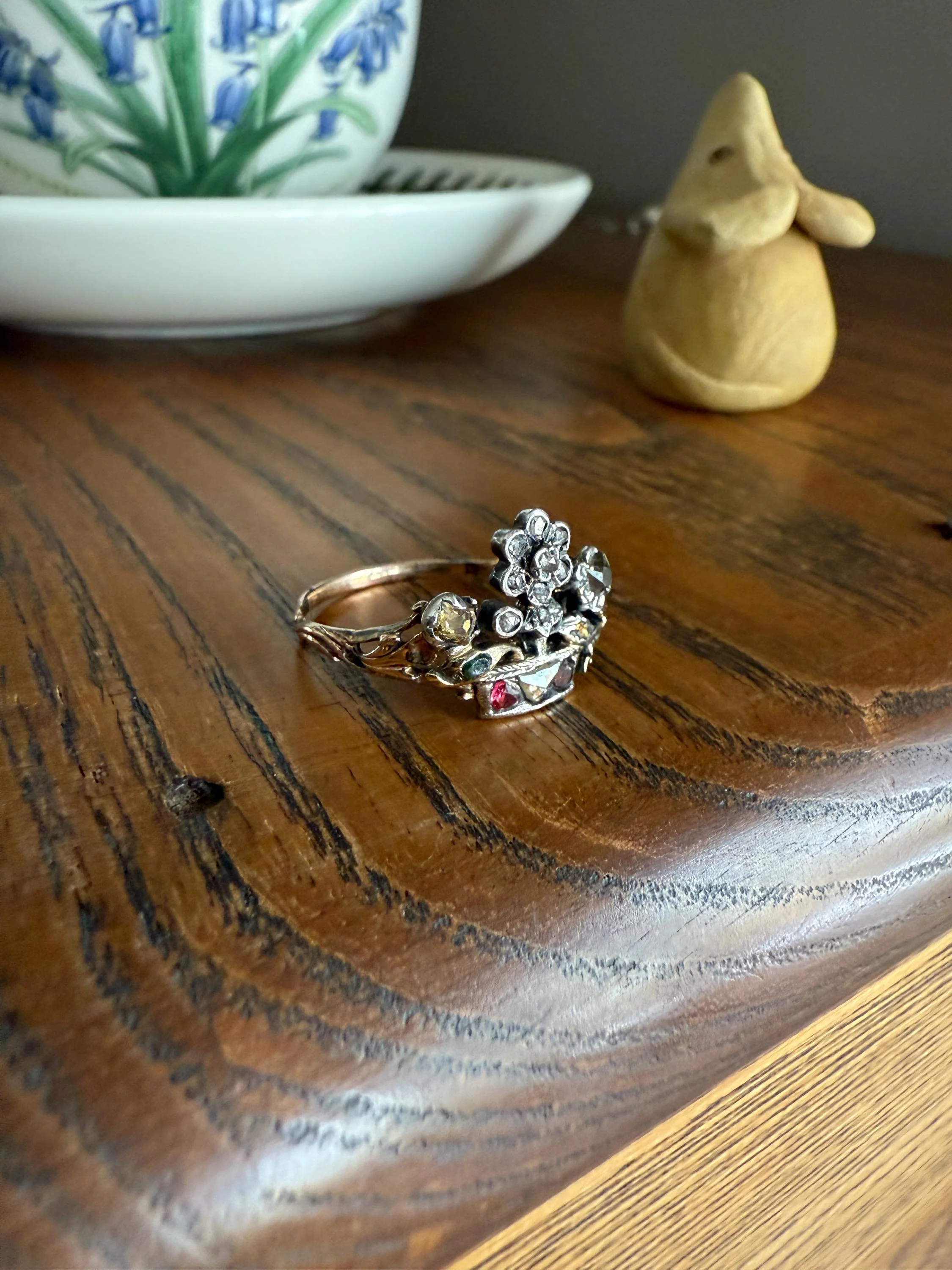 GIARDINETTI Antique Floral Bouquet Ring Flower Basket Rare Peruzzi Chiffre Rose Cut Diamond Garnet Emerald Georgian 14k Gold Rococo 1700s - Image 16