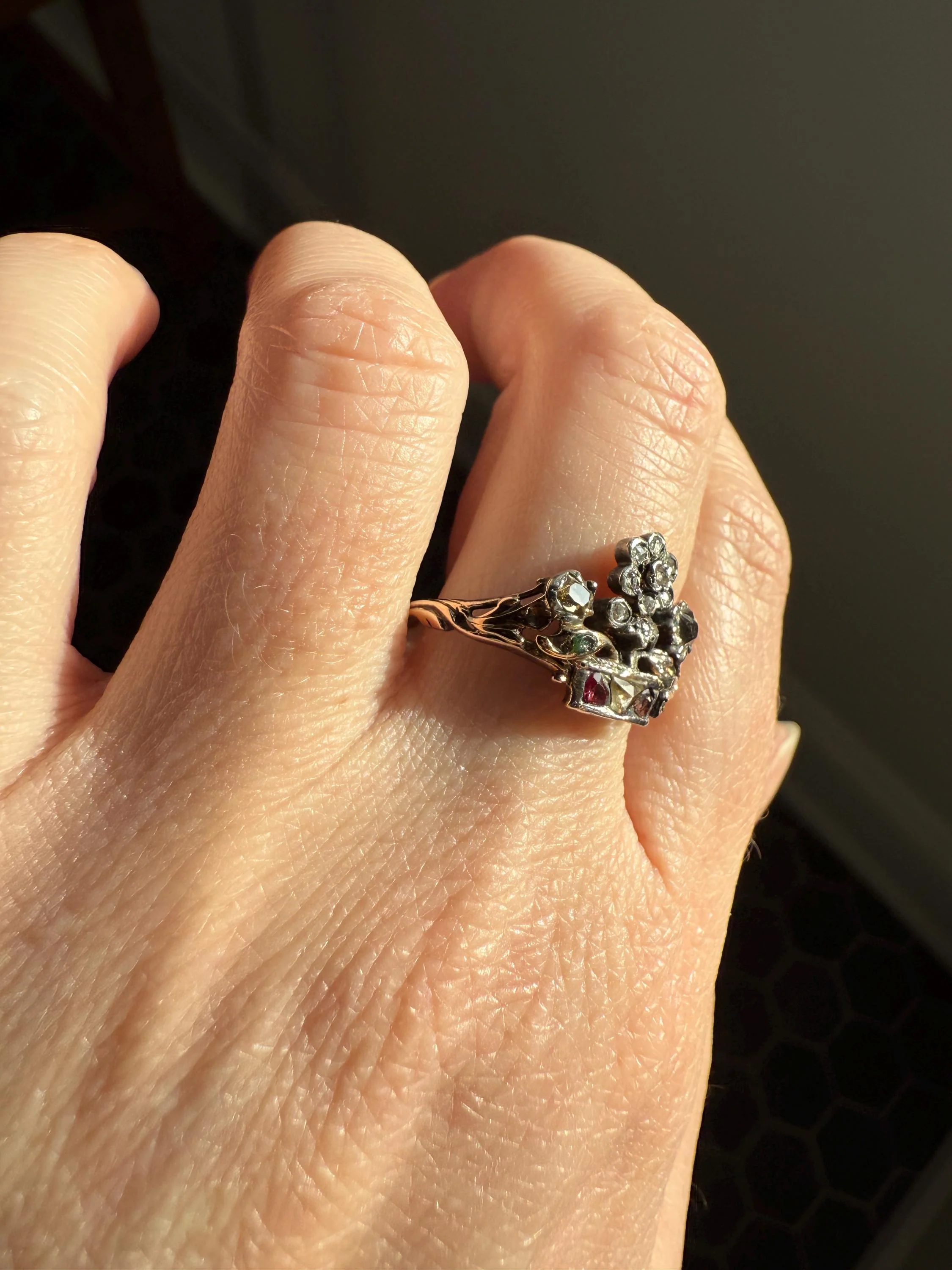 GIARDINETTI Antique Floral Bouquet Ring Flower Basket Rare Peruzzi Chiffre Rose Cut Diamond Garnet Emerald Georgian 14k Gold Rococo 1700s - Image 18