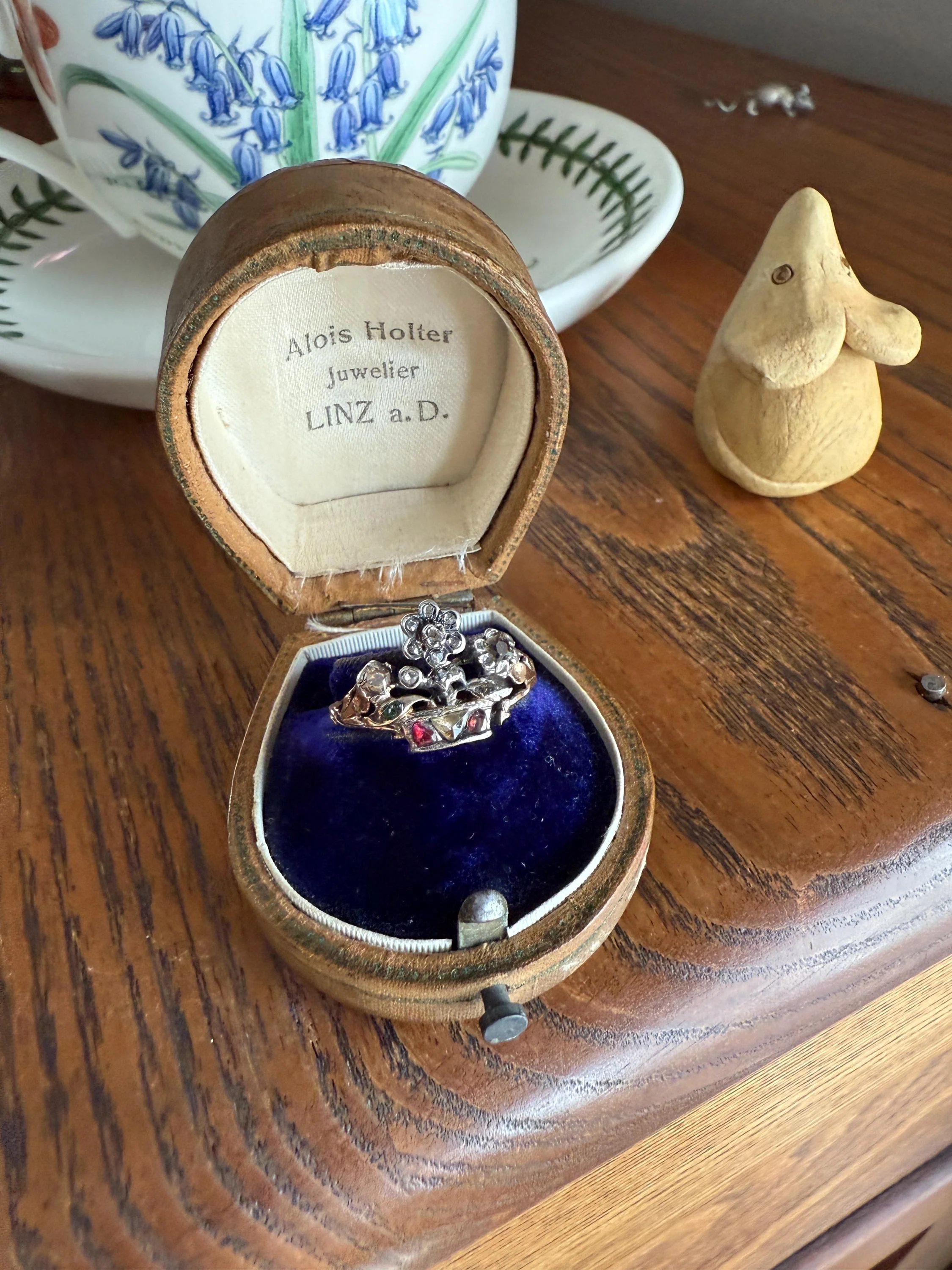 GIARDINETTI Antique Floral Bouquet Ring Flower Basket Rare Peruzzi Chiffre Rose Cut Diamond Garnet Emerald Georgian 14k Gold Rococo 1700s - Image 19