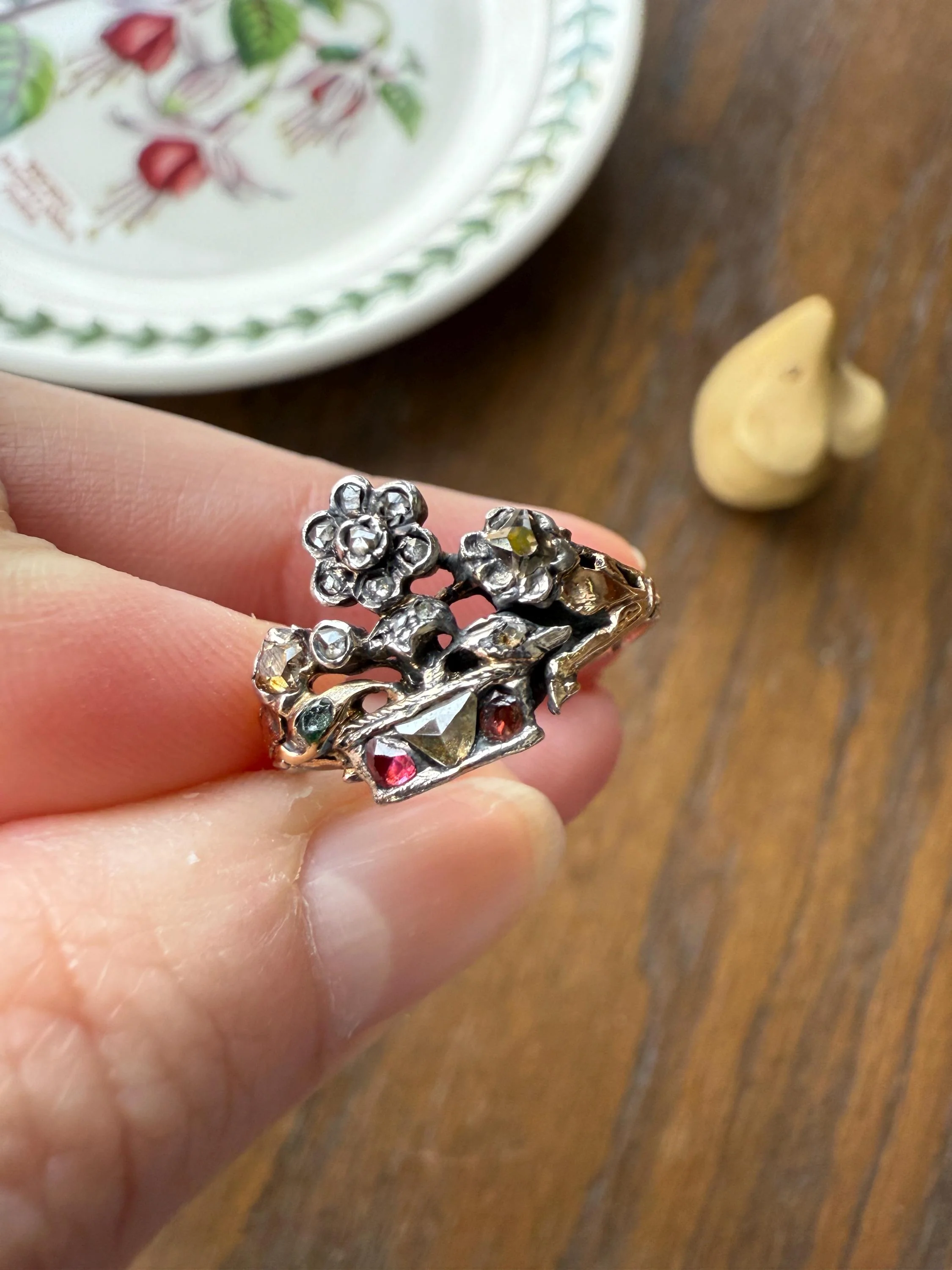 GIARDINETTI Antique Floral Bouquet Ring Flower Basket Rare Peruzzi Chiffre Rose Cut Diamond Garnet Emerald Georgian 14k Gold Rococo 1700s - Image 2
