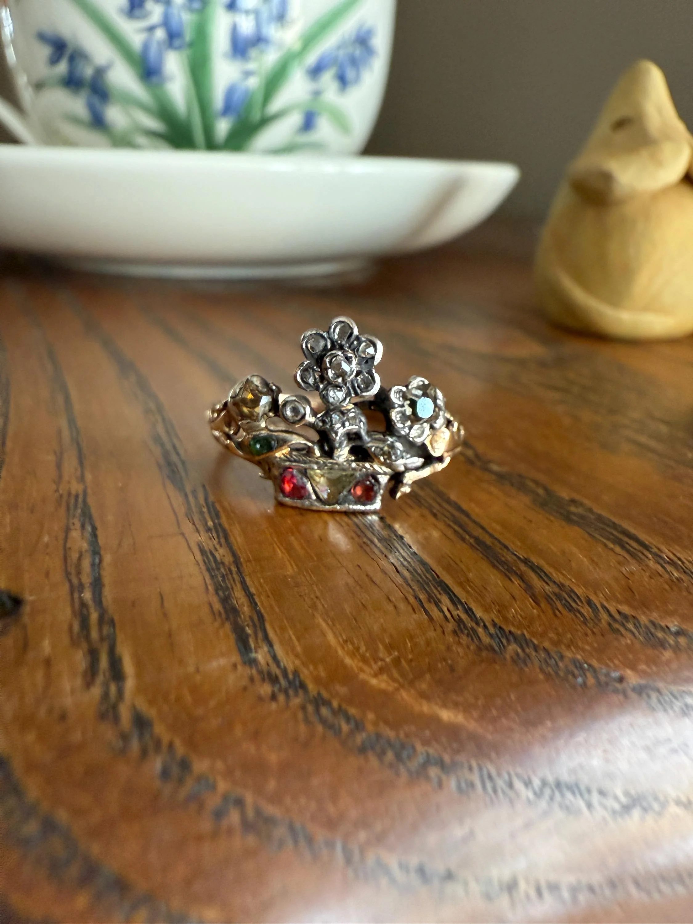 GIARDINETTI Antique Floral Bouquet Ring Flower Basket Rare Peruzzi Chiffre Rose Cut Diamond Garnet Emerald Georgian 14k Gold Rococo 1700s - Image 4