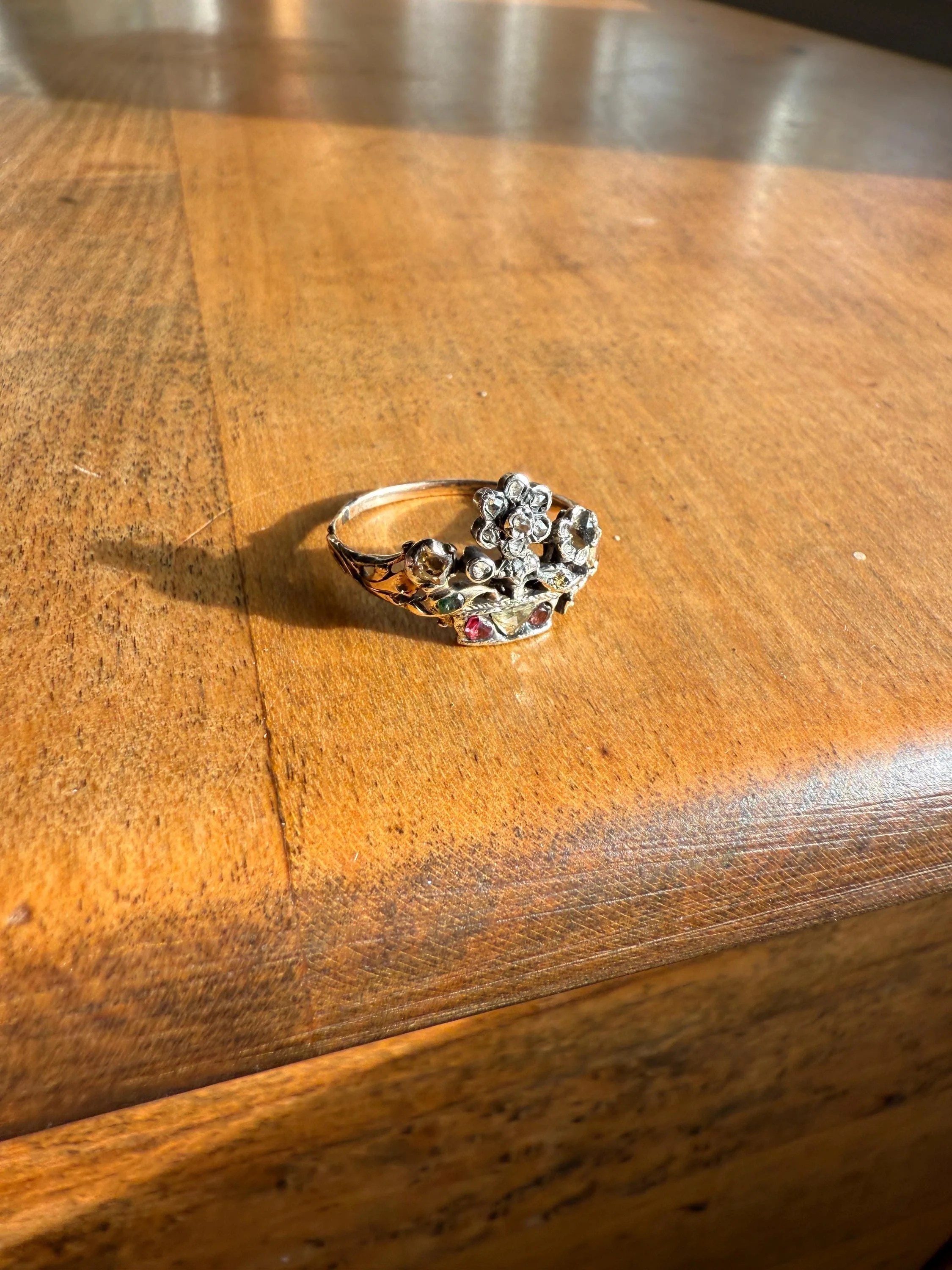 GIARDINETTI Antique Floral Bouquet Ring Flower Basket Rare Peruzzi Chiffre Rose Cut Diamond Garnet Emerald Georgian 14k Gold Rococo 1700s - Image 7