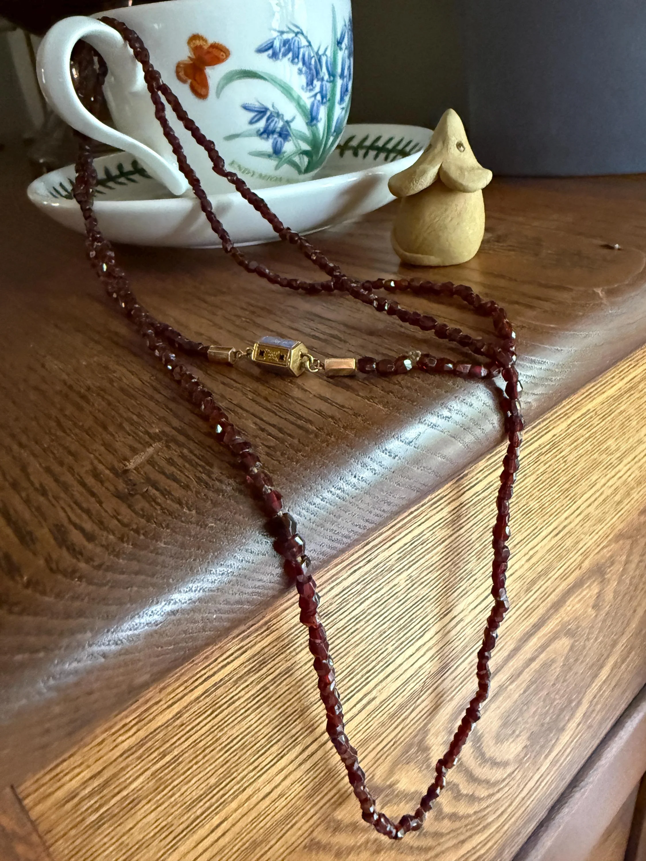 Given in FRIENDSHIP Antique GARNET Bead Long Chain French Amitie Victorian 18k Gold Solid Necklace Layering Crimson Red Glow Multi Strand - Image 11