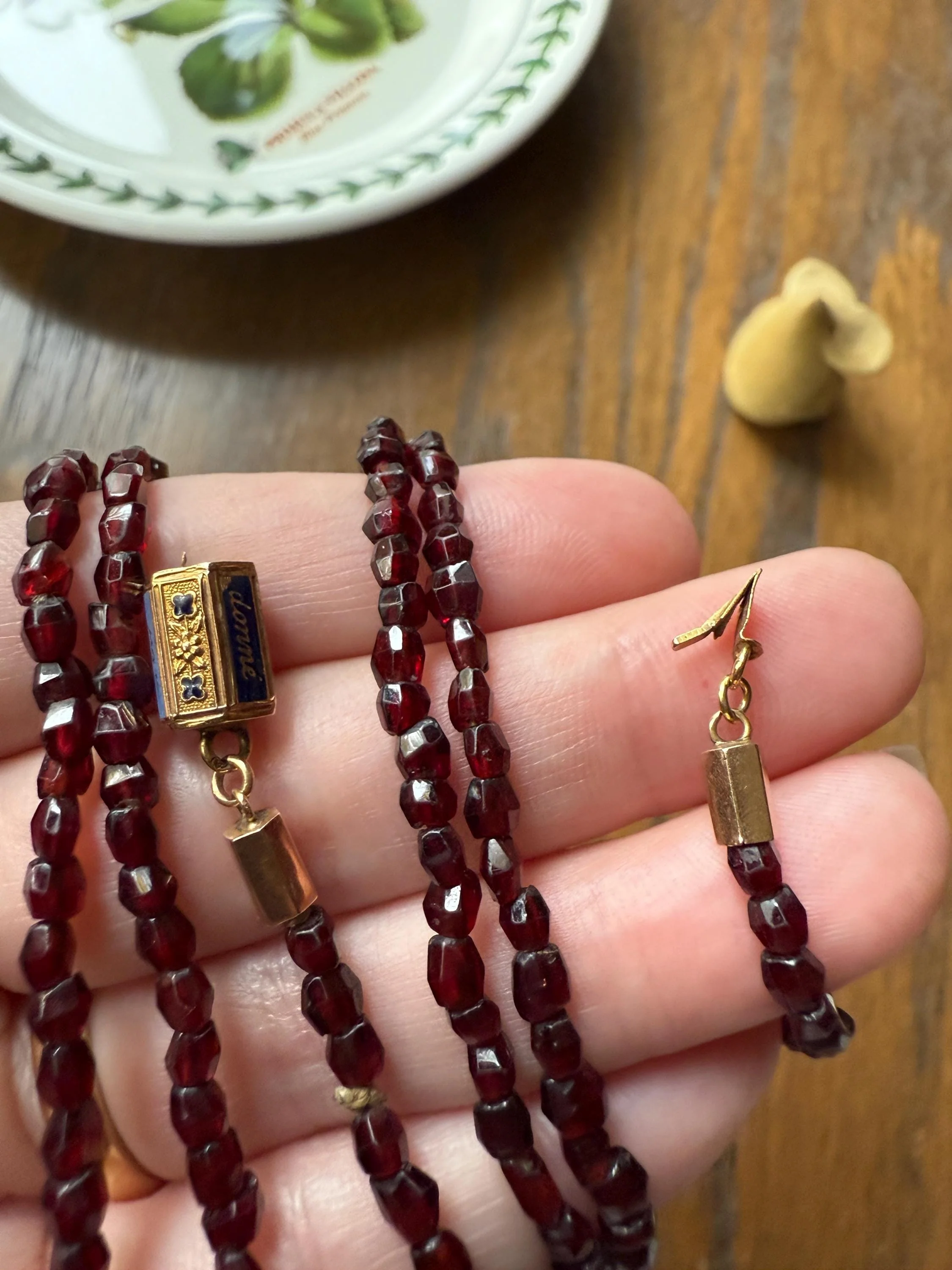 Given in FRIENDSHIP Antique GARNET Bead Long Chain French Amitie Victorian 18k Gold Solid Necklace Layering Crimson Red Glow Multi Strand - Image 13