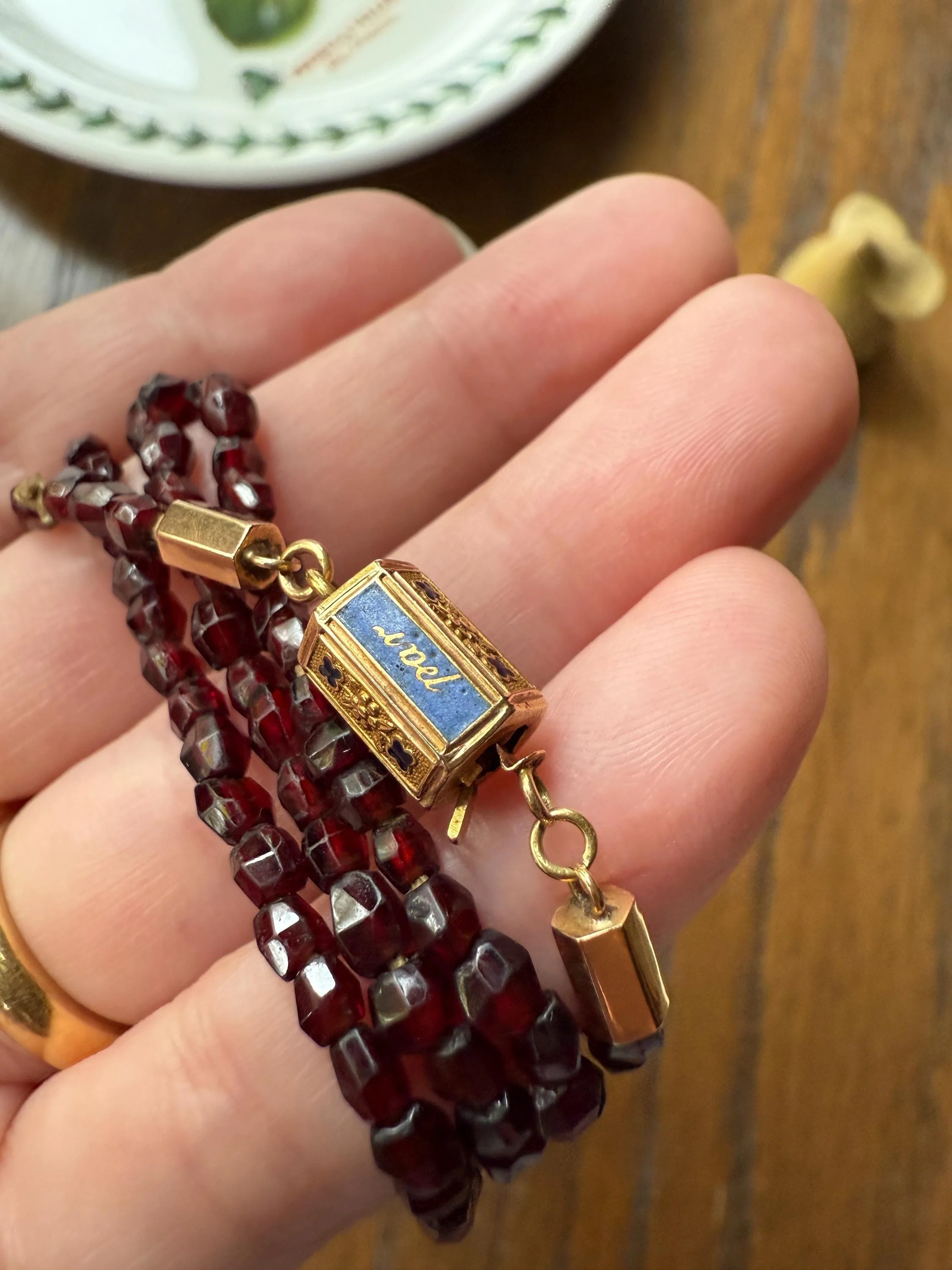 Given in FRIENDSHIP Antique GARNET Bead Long Chain French Amitie Victorian 18k Gold Solid Necklace Layering Crimson Red Glow Multi Strand - Image 14