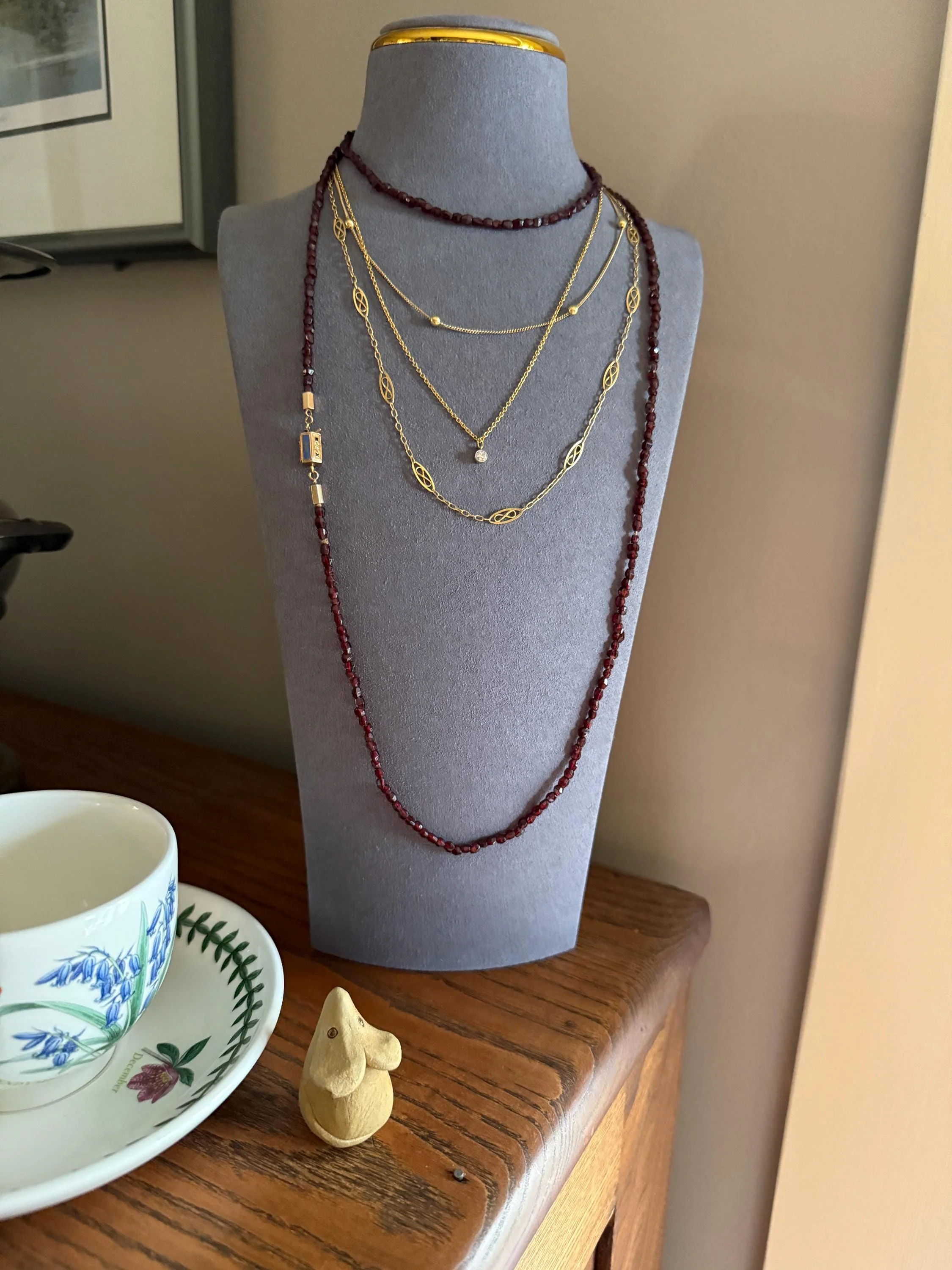 Given in FRIENDSHIP Antique GARNET Bead Long Chain French Amitie Victorian 18k Gold Solid Necklace Layering Crimson Red Glow Multi Strand - Image 16