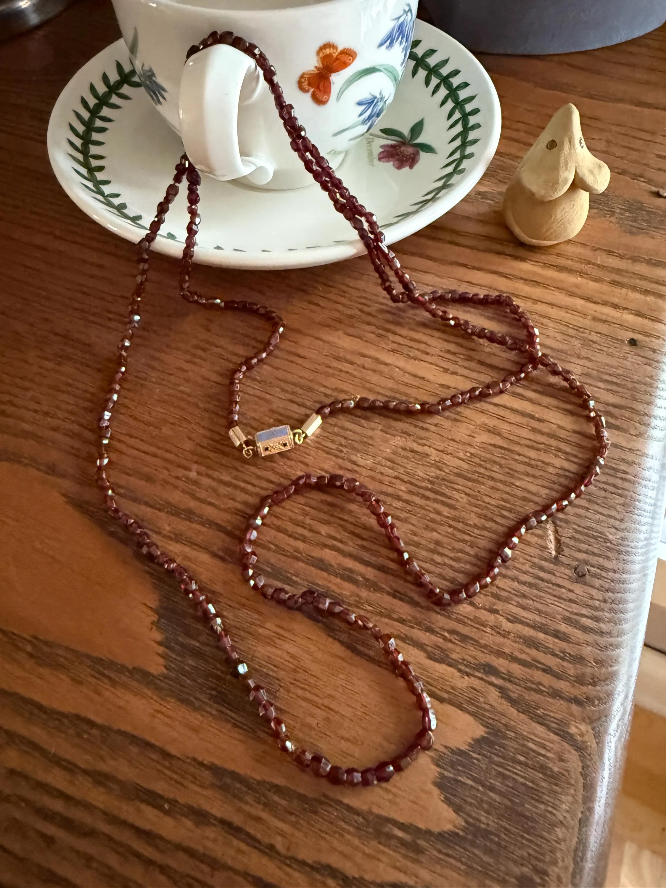 Given in FRIENDSHIP Antique GARNET Bead Long Chain French Amitie Victorian 18k Gold Solid Necklace Layering Crimson Red Glow Multi Strand - Image 2