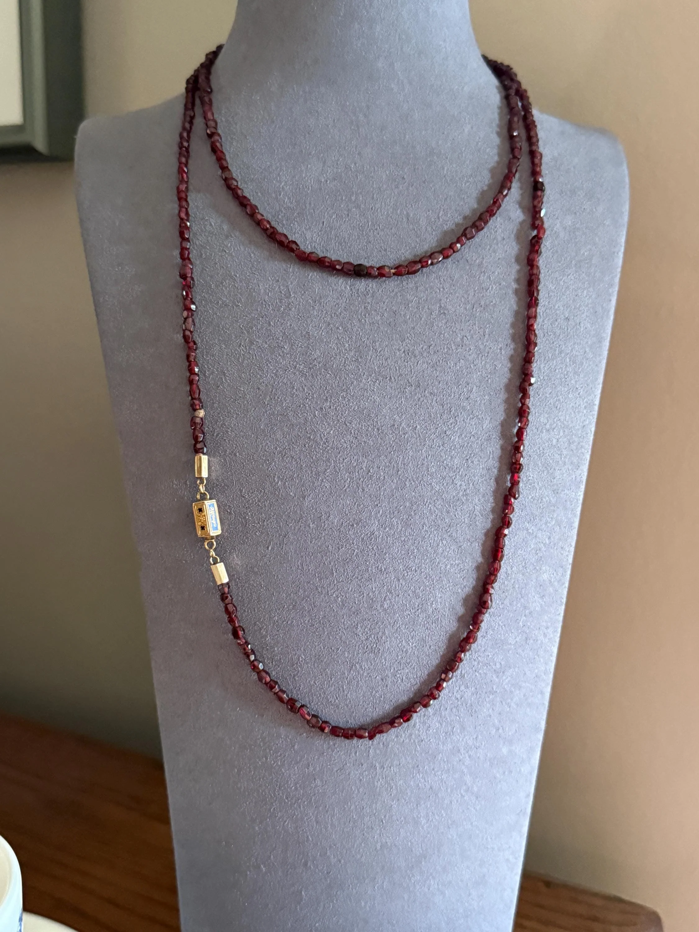 Given in FRIENDSHIP Antique GARNET Bead Long Chain French Amitie Victorian 18k Gold Solid Necklace Layering Crimson Red Glow Multi Strand - Image 3