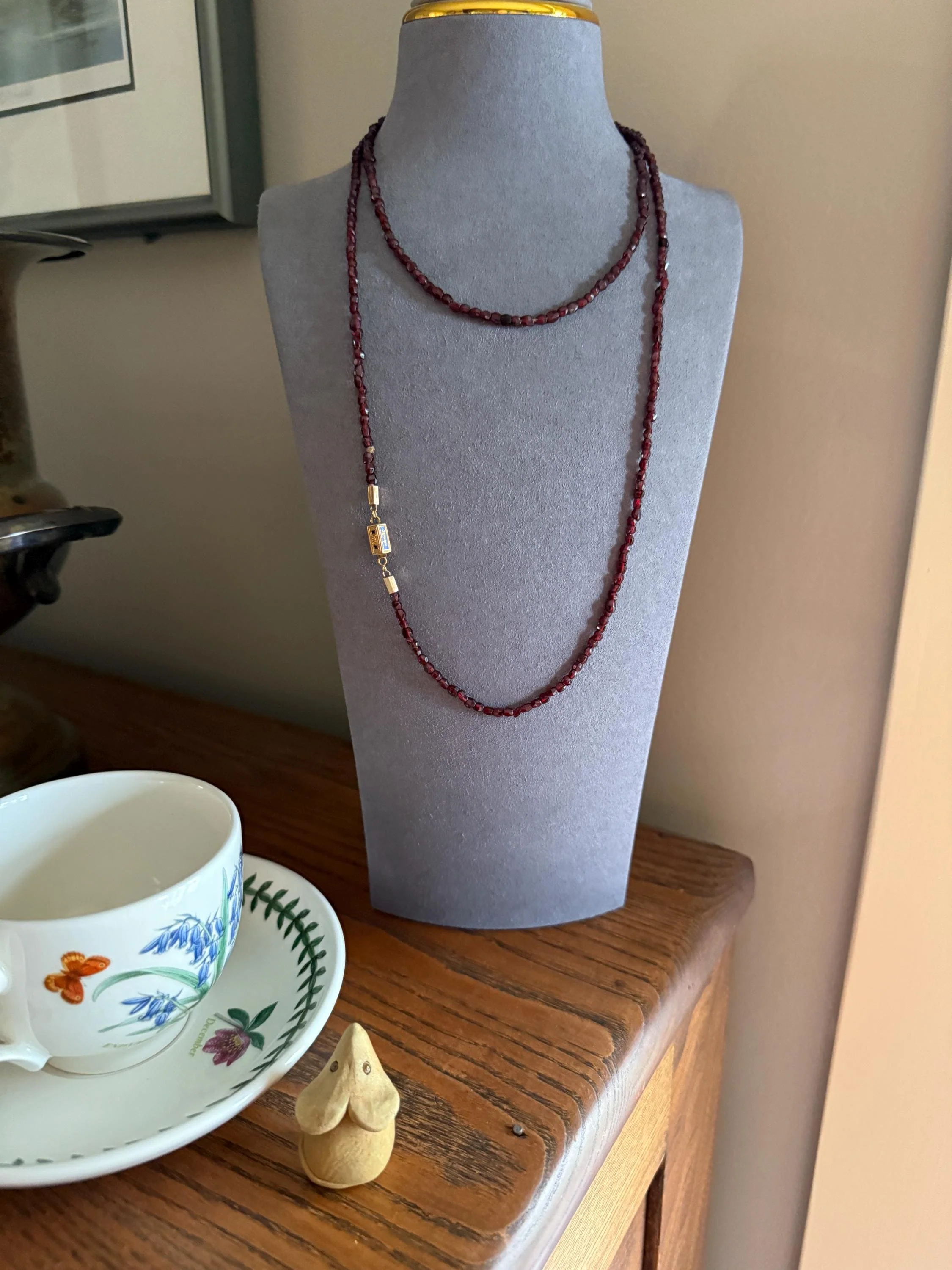Given in FRIENDSHIP Antique GARNET Bead Long Chain French Amitie Victorian 18k Gold Solid Necklace Layering Crimson Red Glow Multi Strand - Image 4