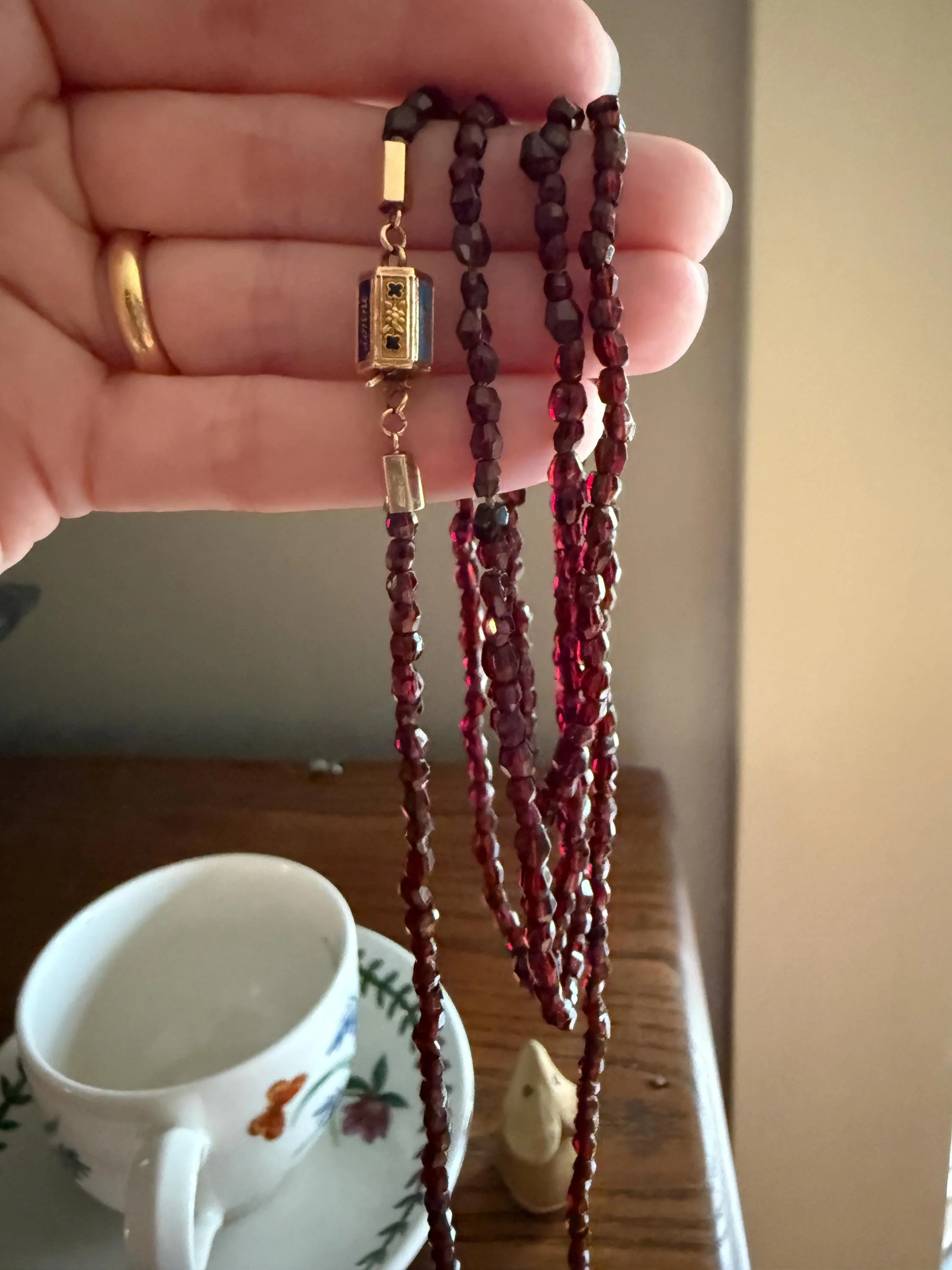 Given in FRIENDSHIP Antique GARNET Bead Long Chain French Amitie Victorian 18k Gold Solid Necklace Layering Crimson Red Glow Multi Strand - Image 5