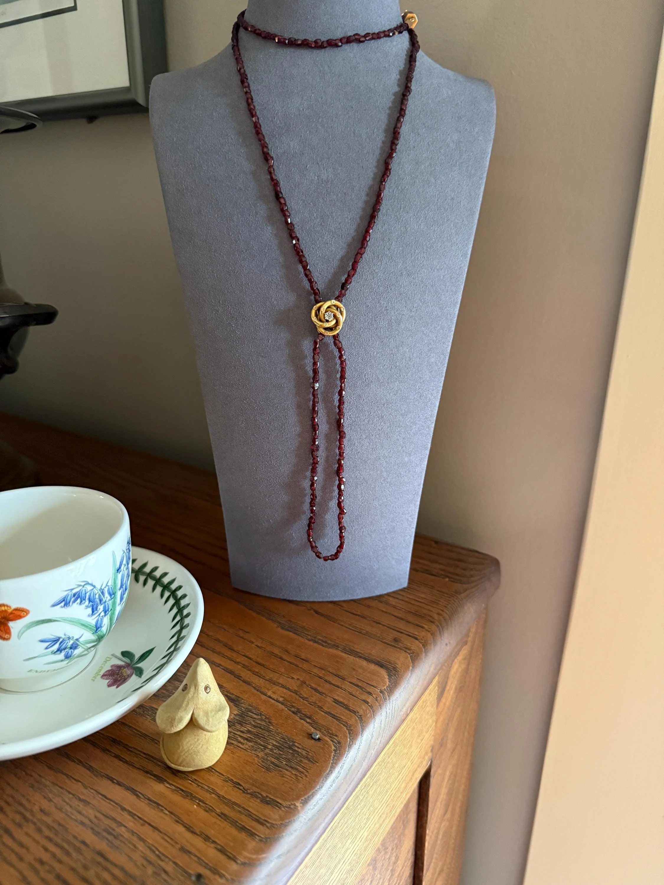 Given in FRIENDSHIP Antique GARNET Bead Long Chain French Amitie Victorian 18k Gold Solid Necklace Layering Crimson Red Glow Multi Strand - Image 6