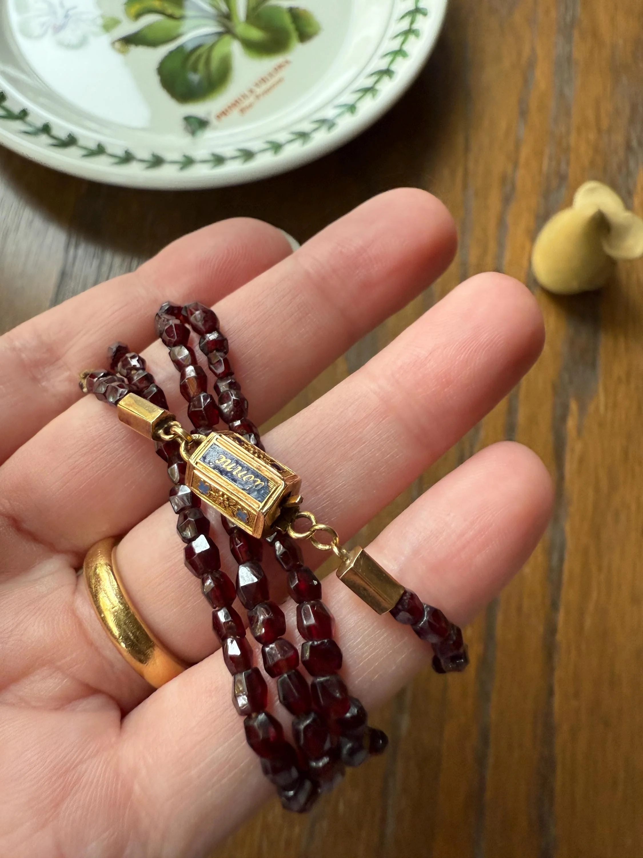 Given in FRIENDSHIP Antique GARNET Bead Long Chain French Amitie Victorian 18k Gold Solid Necklace Layering Crimson Red Glow Multi Strand - Image 7