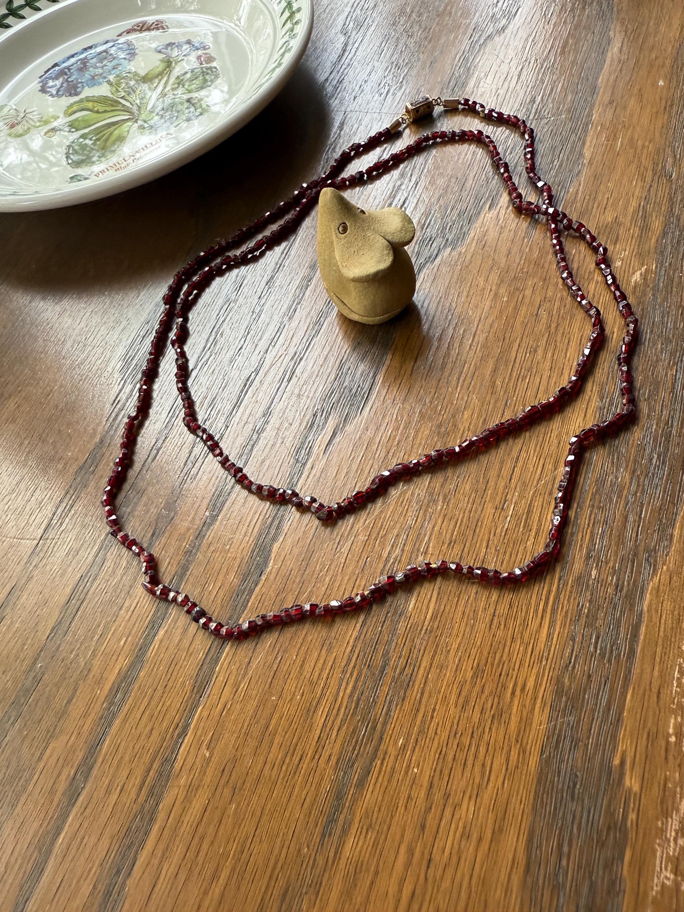 Given in FRIENDSHIP Antique GARNET Bead Long Chain French Amitie Victorian 18k Gold Solid Necklace Layering Crimson Red Glow Multi Strand - Image 8
