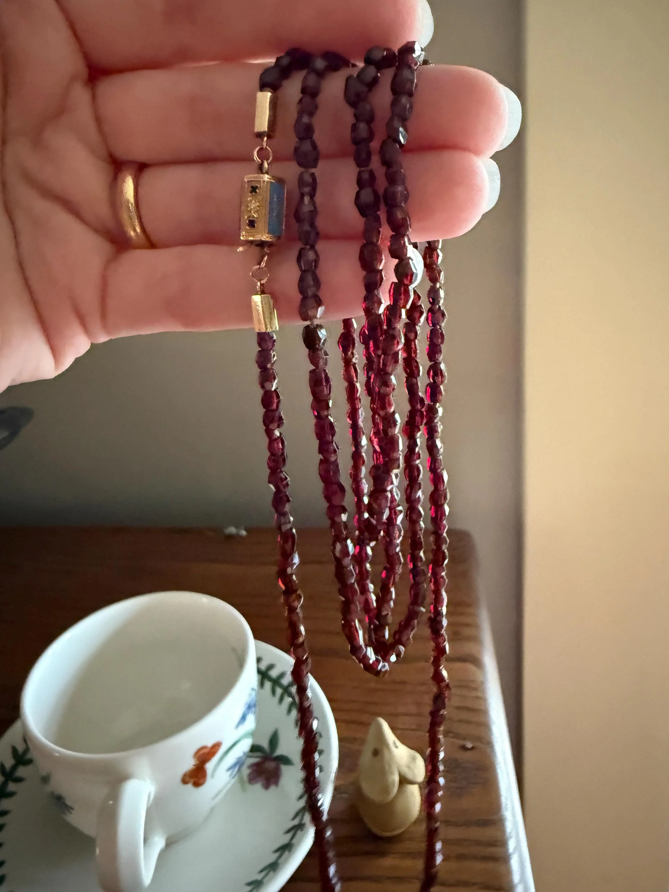Given in FRIENDSHIP Antique GARNET Bead Long Chain French Amitie Victorian 18k Gold Solid Necklace Layering Crimson Red Glow Multi Strand - Image 9