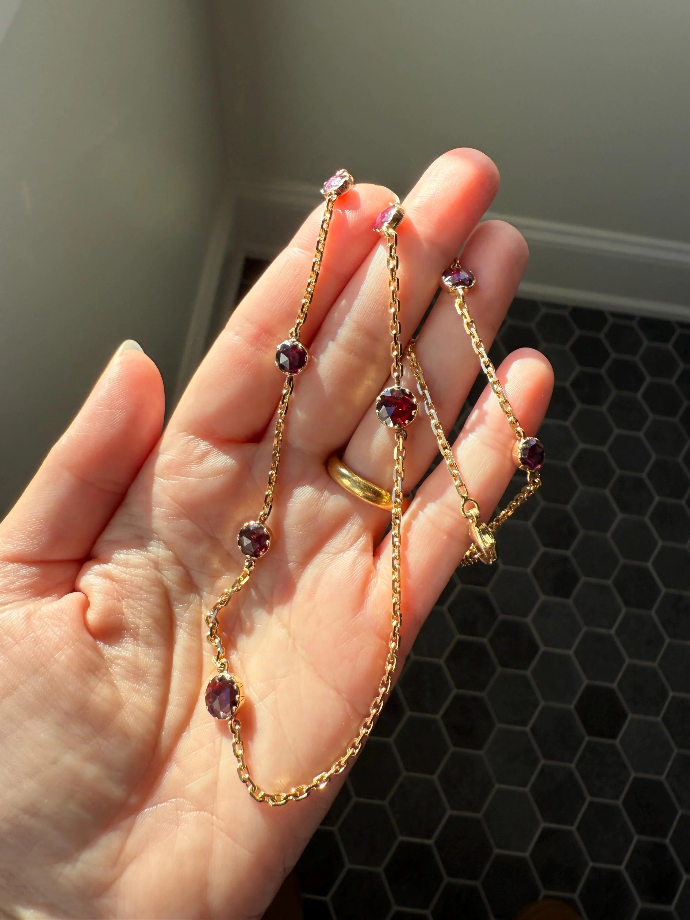 Gorgeous Perpignan GARNET Station Chain Necklace 18k Gold Bezel Set Pendants Rose Cut Closed Back Almandine Glowing Rare Pendant Holder - Image 12