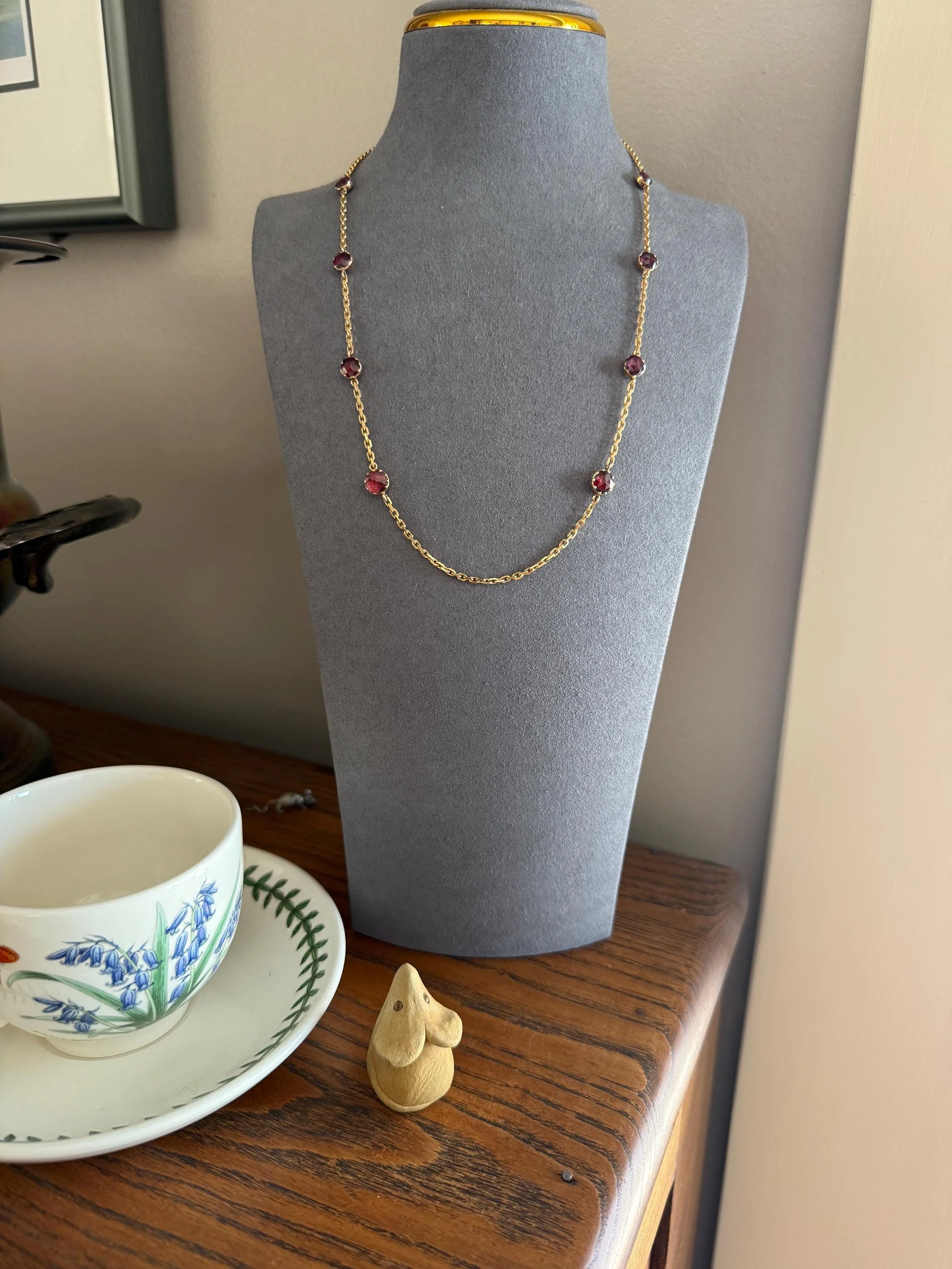Gorgeous Perpignan GARNET Station Chain Necklace 18k Gold Bezel Set Pendants Rose Cut Closed Back Almandine Glowing Rare Pendant Holder - Image 14
