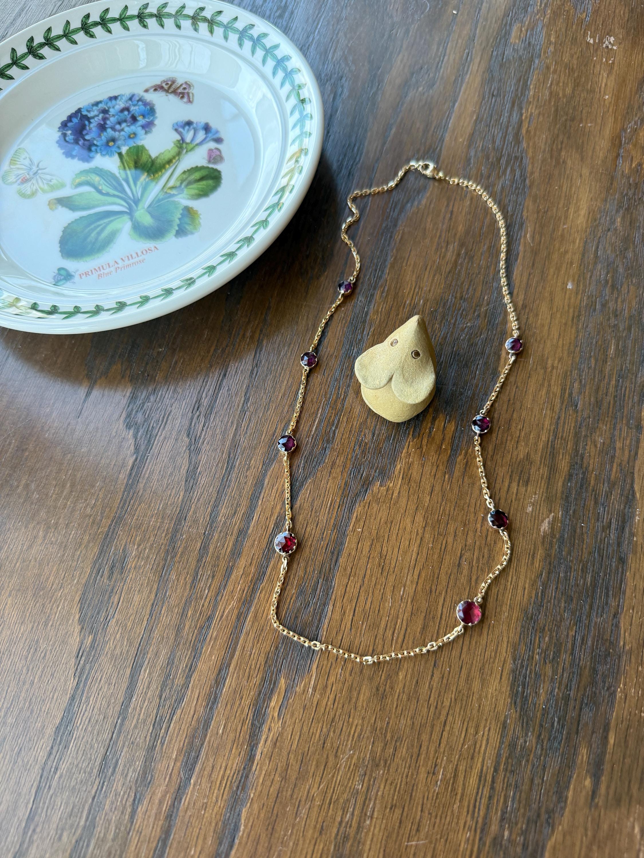Gorgeous Perpignan GARNET Station Chain Necklace 18k Gold Bezel Set Pendants Rose Cut Closed Back Almandine Glowing Rare Pendant Holder - Image 16