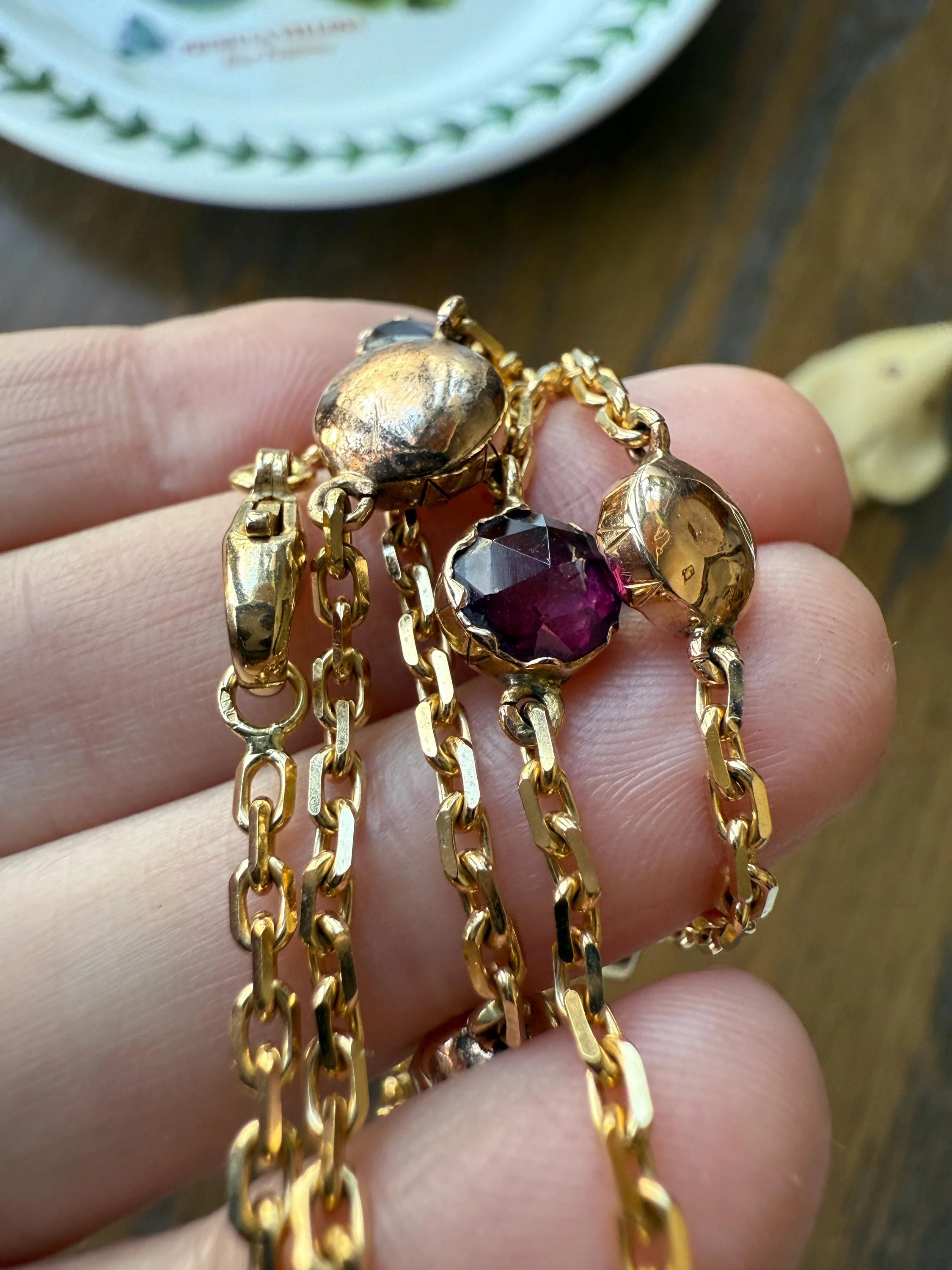 Gorgeous Perpignan GARNET Station Chain Necklace 18k Gold Bezel Set Pendants Rose Cut Closed Back Almandine Glowing Rare Pendant Holder - Image 18