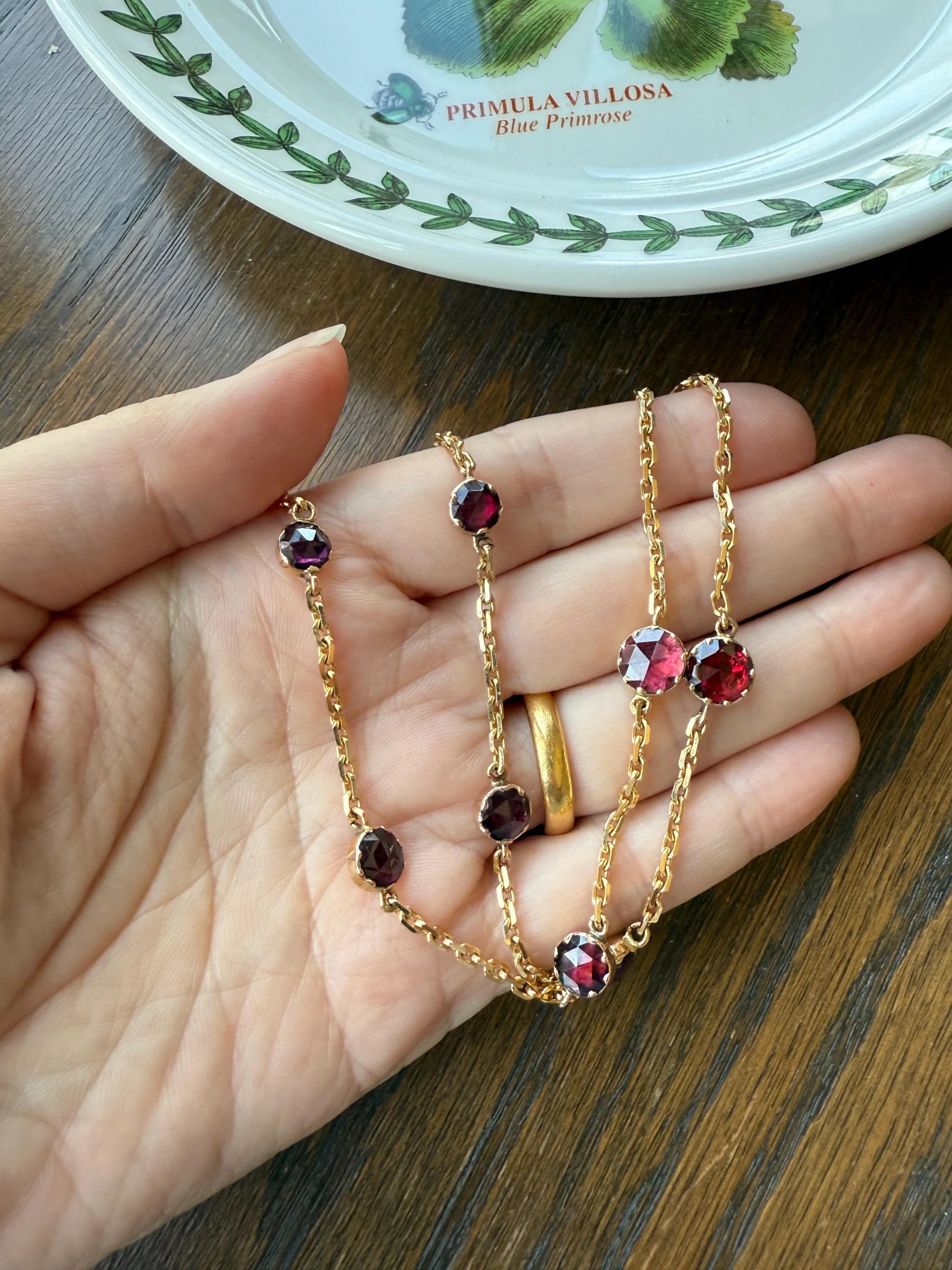 Gorgeous Perpignan GARNET Station Chain Necklace 18k Gold Bezel Set Pendants Rose Cut Closed Back Almandine Glowing Rare Pendant Holder - Image 19