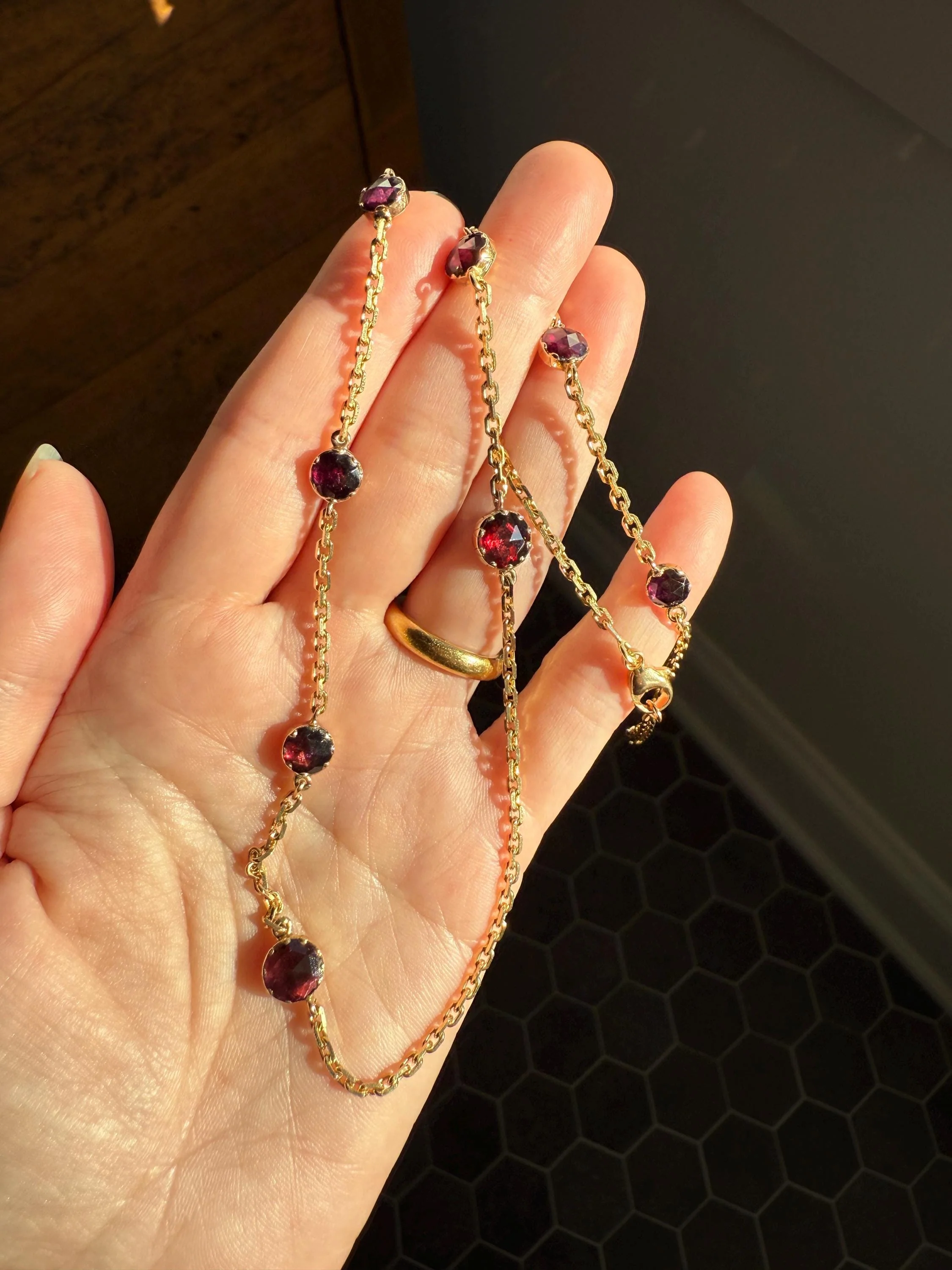 Gorgeous Perpignan GARNET Station Chain Necklace 18k Gold Bezel Set Pendants Rose Cut Closed Back Almandine Glowing Rare Pendant Holder - Image 5
