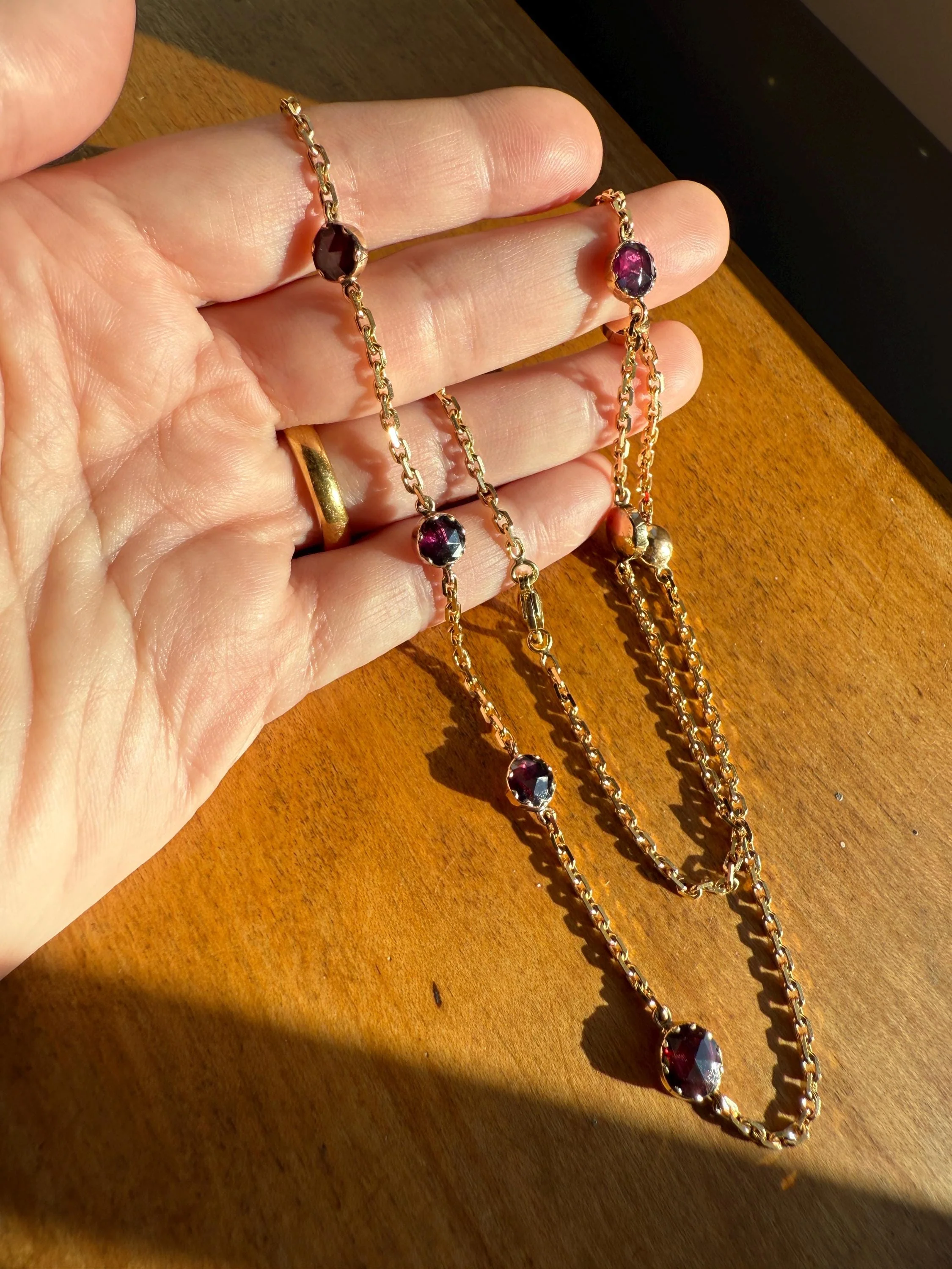 Gorgeous Perpignan GARNET Station Chain Necklace 18k Gold Bezel Set Pendants Rose Cut Closed Back Almandine Glowing Rare Pendant Holder - Image 8