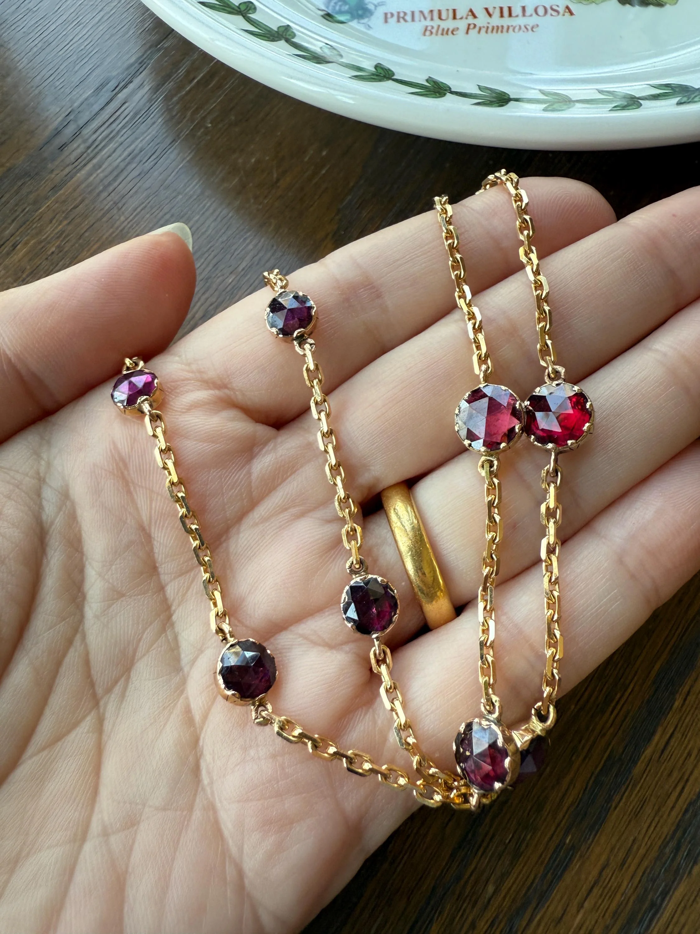 Gorgeous Perpignan GARNET Station Chain Necklace 18k Gold Bezel Set Pendants Rose Cut Closed Back Almandine Glowing Rare Pendant Holder - Image 9
