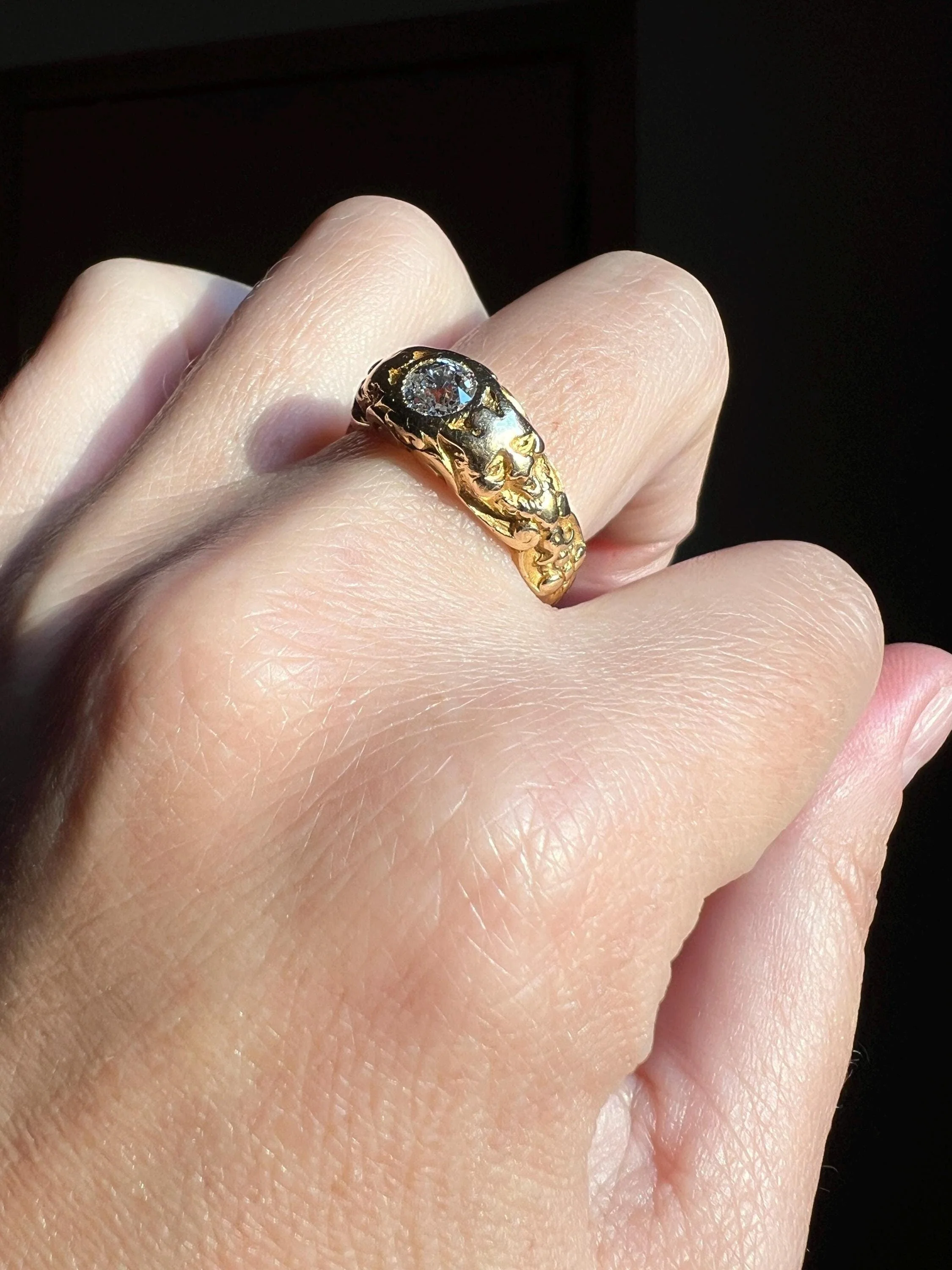 Handsome DEVIL Antique Old Mine Cut DIAMOND Ring 8g 18k Gold FACES Chunky Ring French Art Nouveau Figural 3D - Image 11