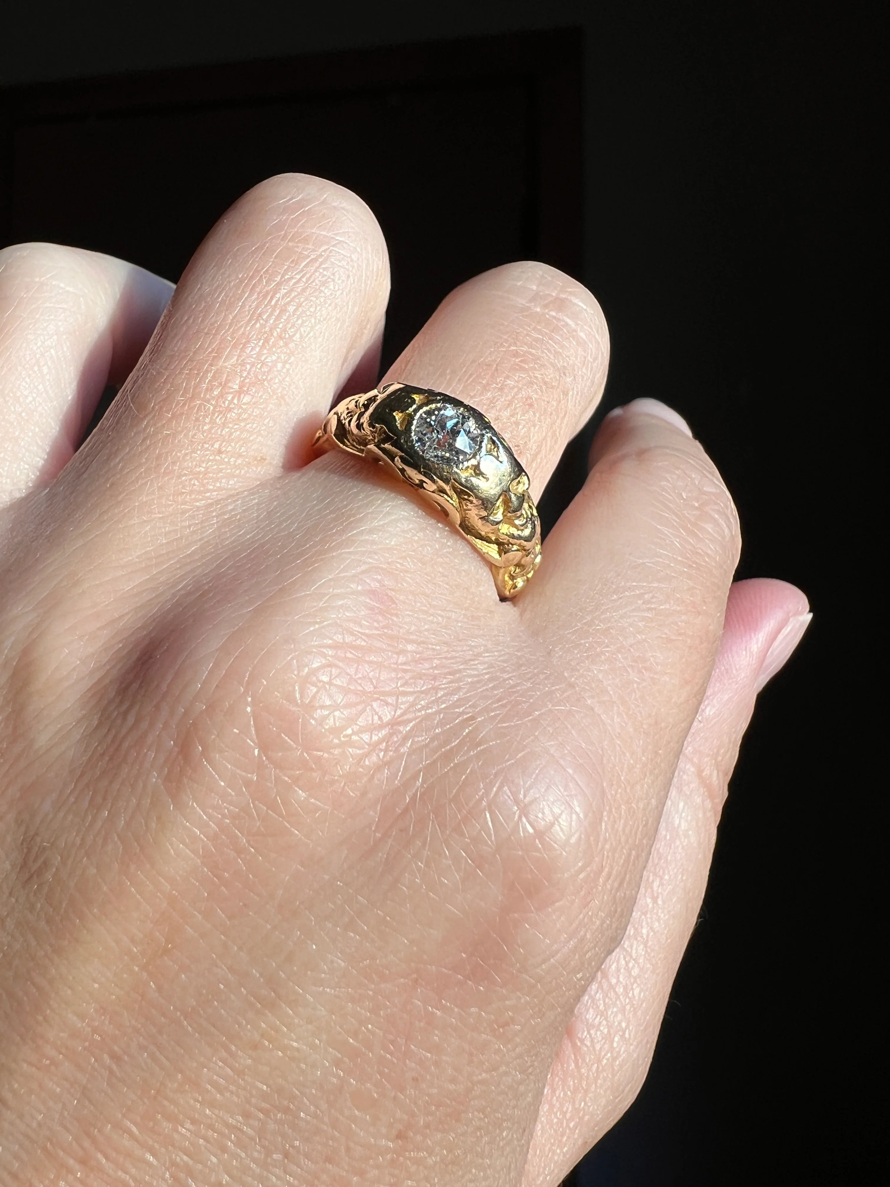 Handsome DEVIL Antique Old Mine Cut DIAMOND Ring 8g 18k Gold FACES Chunky Ring French Art Nouveau Figural 3D - Image 16