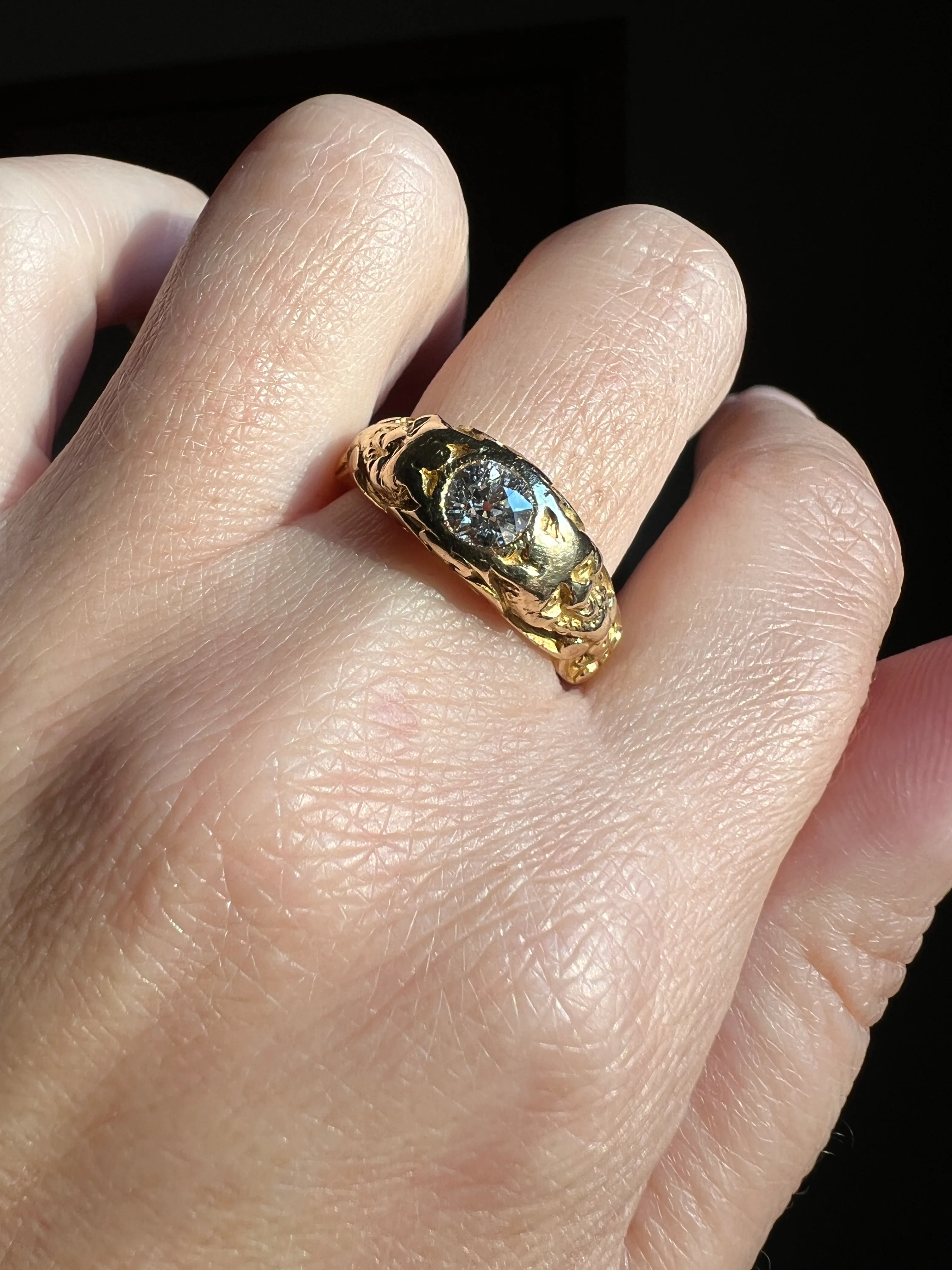 Handsome DEVIL Antique Old Mine Cut DIAMOND Ring 8g 18k Gold FACES Chunky Ring French Art Nouveau Figural 3D - Image 17