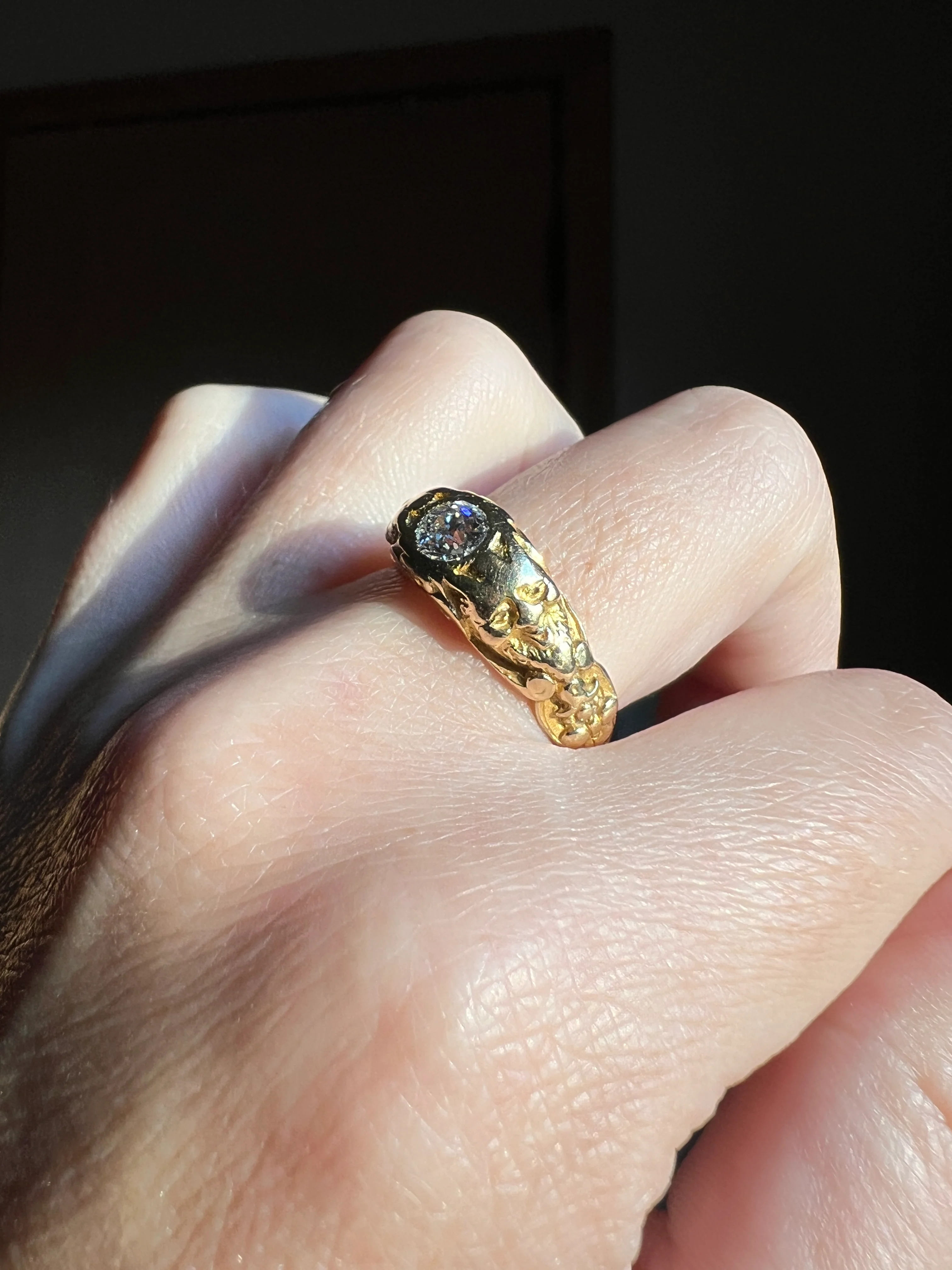 Handsome DEVIL Antique Old Mine Cut DIAMOND Ring 8g 18k Gold FACES Chunky Ring French Art Nouveau Figural 3D - Image 18
