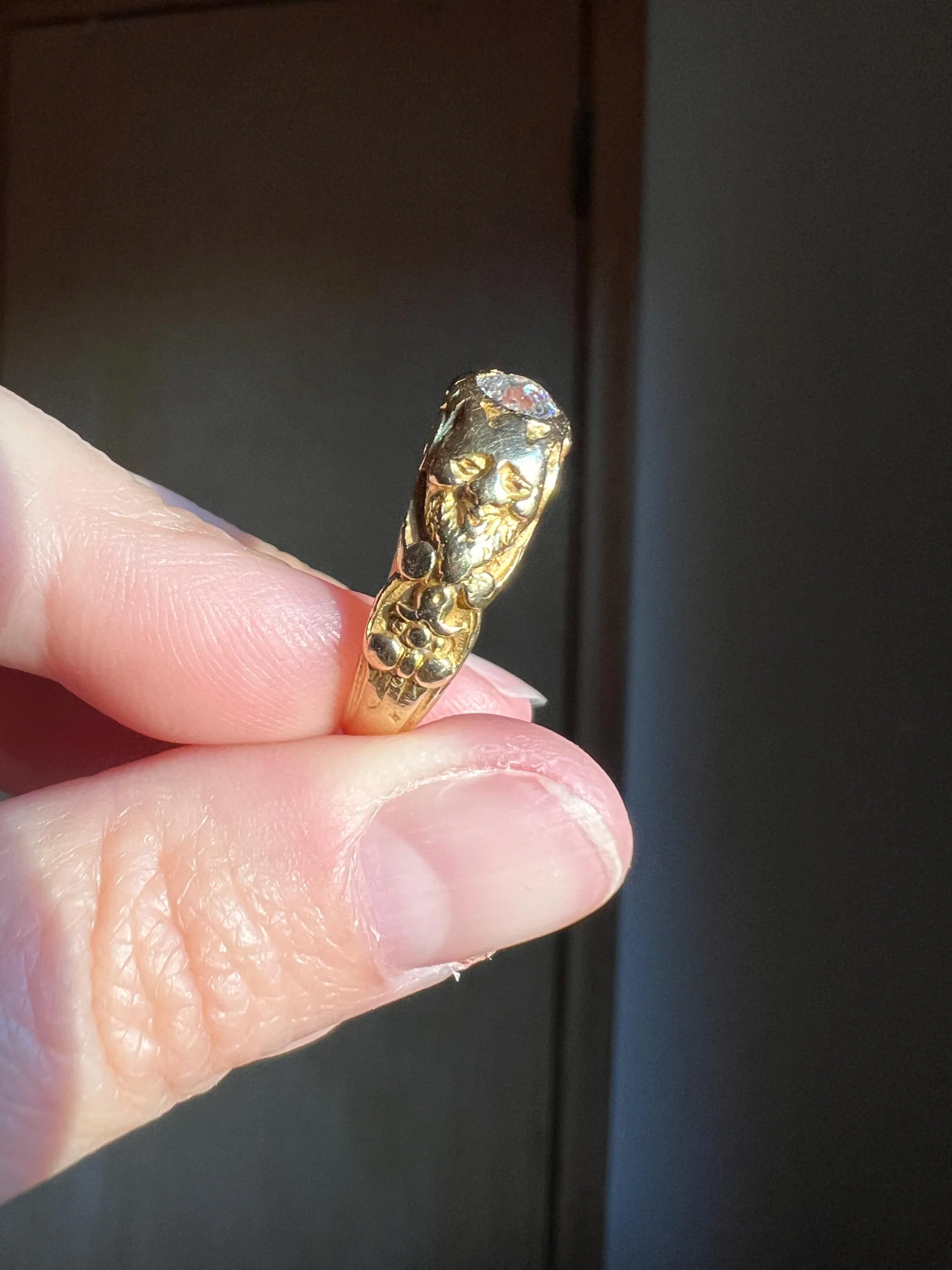 Handsome DEVIL Antique Old Mine Cut DIAMOND Ring 8g 18k Gold FACES Chunky Ring French Art Nouveau Figural 3D - Image 2