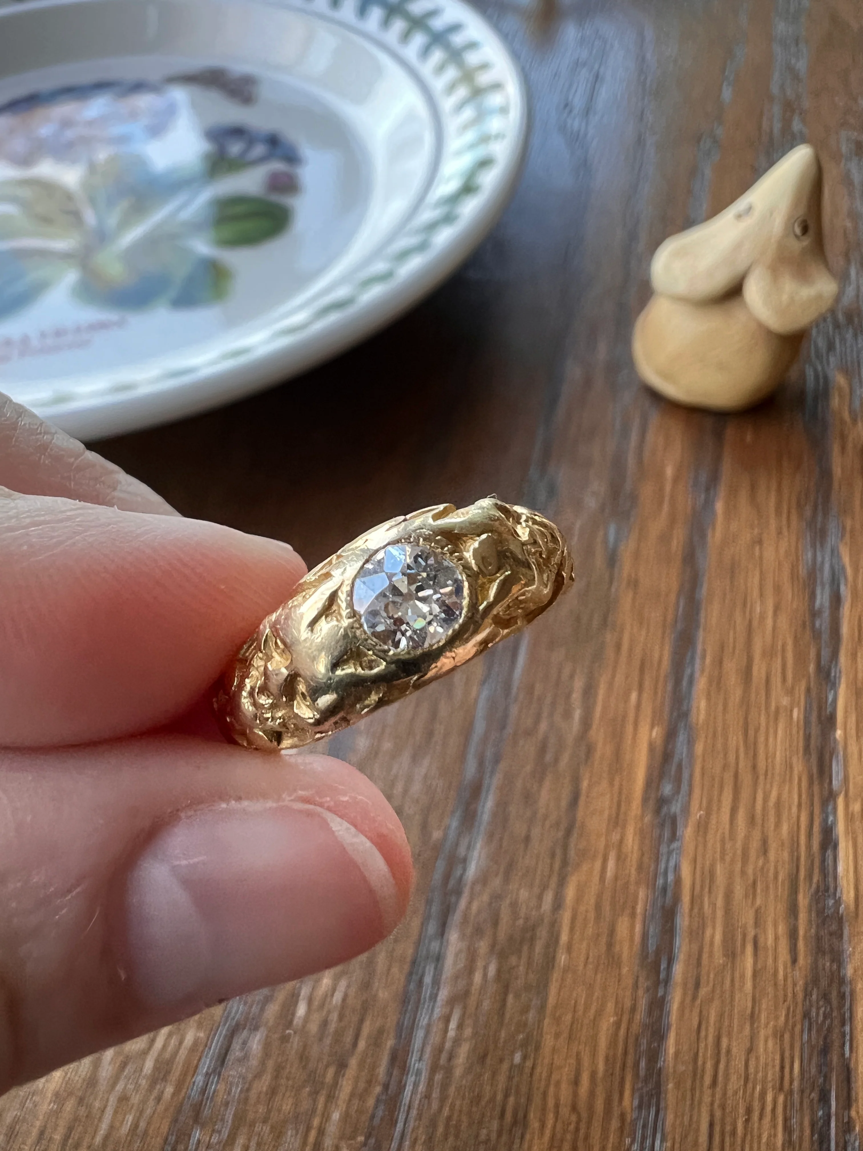 Handsome DEVIL Antique Old Mine Cut DIAMOND Ring 8g 18k Gold FACES Chunky Ring French Art Nouveau Figural 3D - Image 22