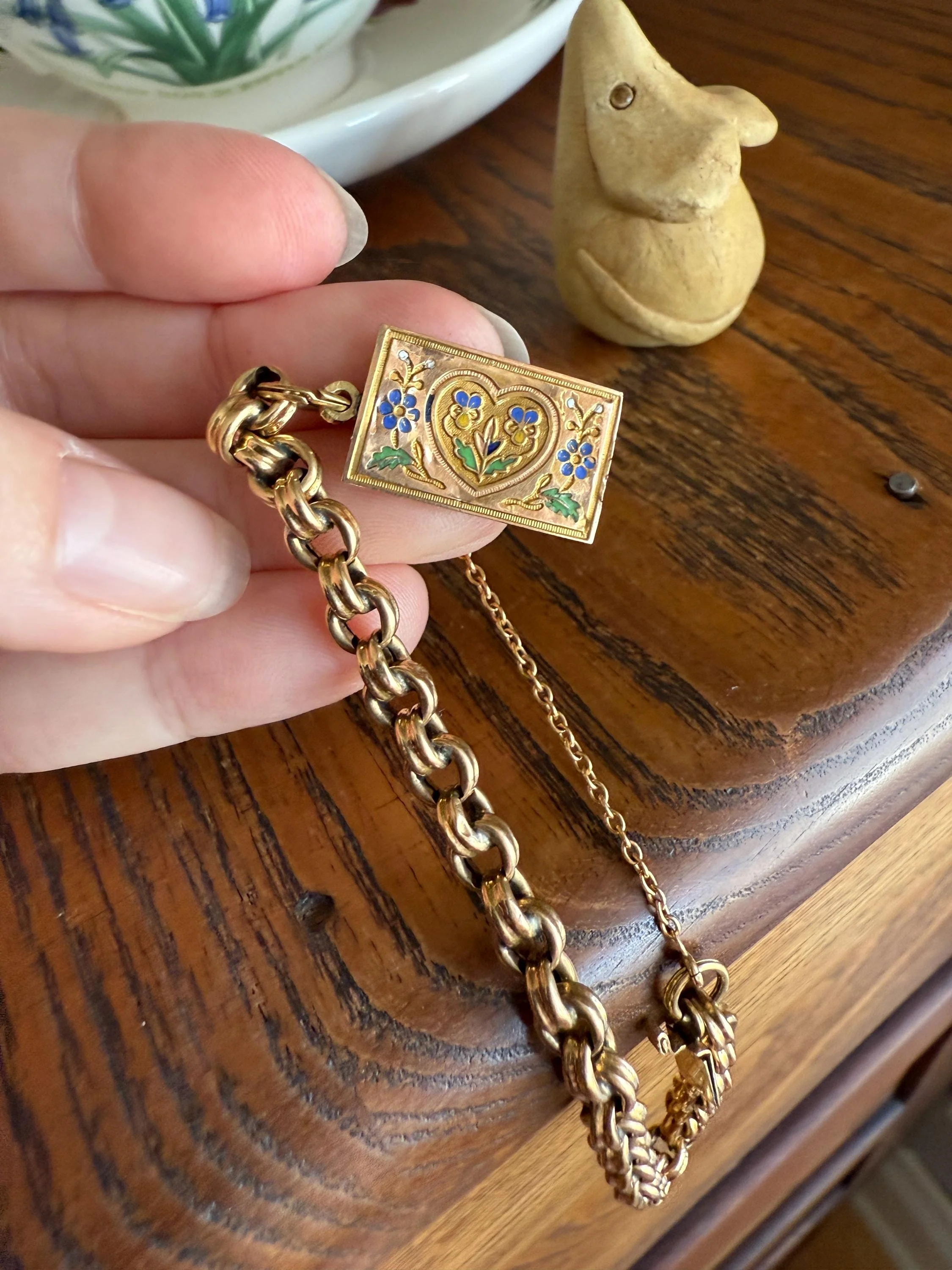 HEART Antique Chain BRACELET 18k Gold Solid Floral PANSY Forget Me Not Reversible Clasp 6.6g Think of Me French Traditional Enamel - Image 10