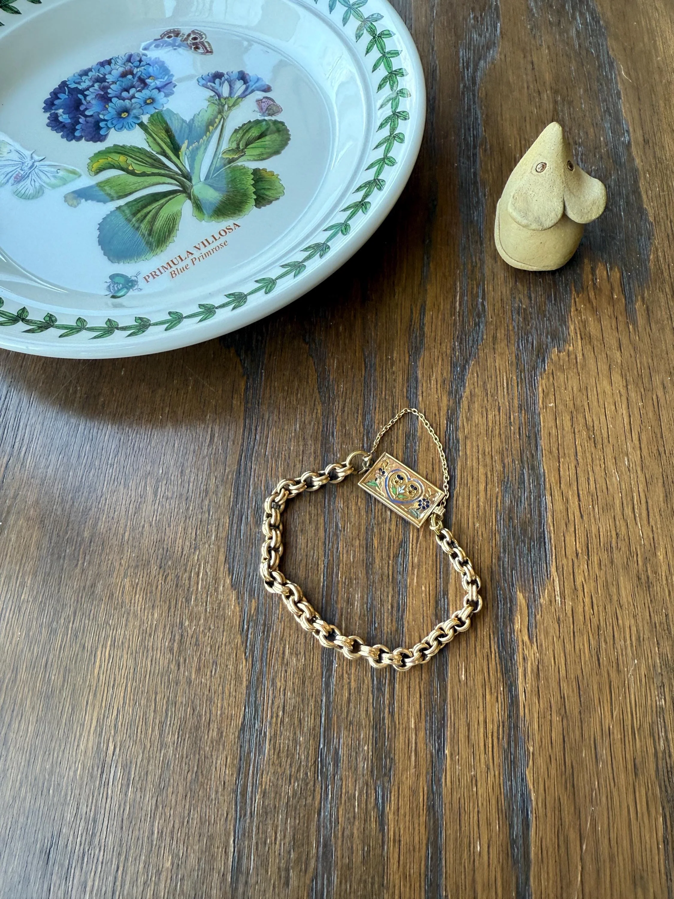 HEART Antique Chain BRACELET 18k Gold Solid Floral PANSY Forget Me Not Reversible Clasp 6.6g Think of Me French Traditional Enamel - Image 14