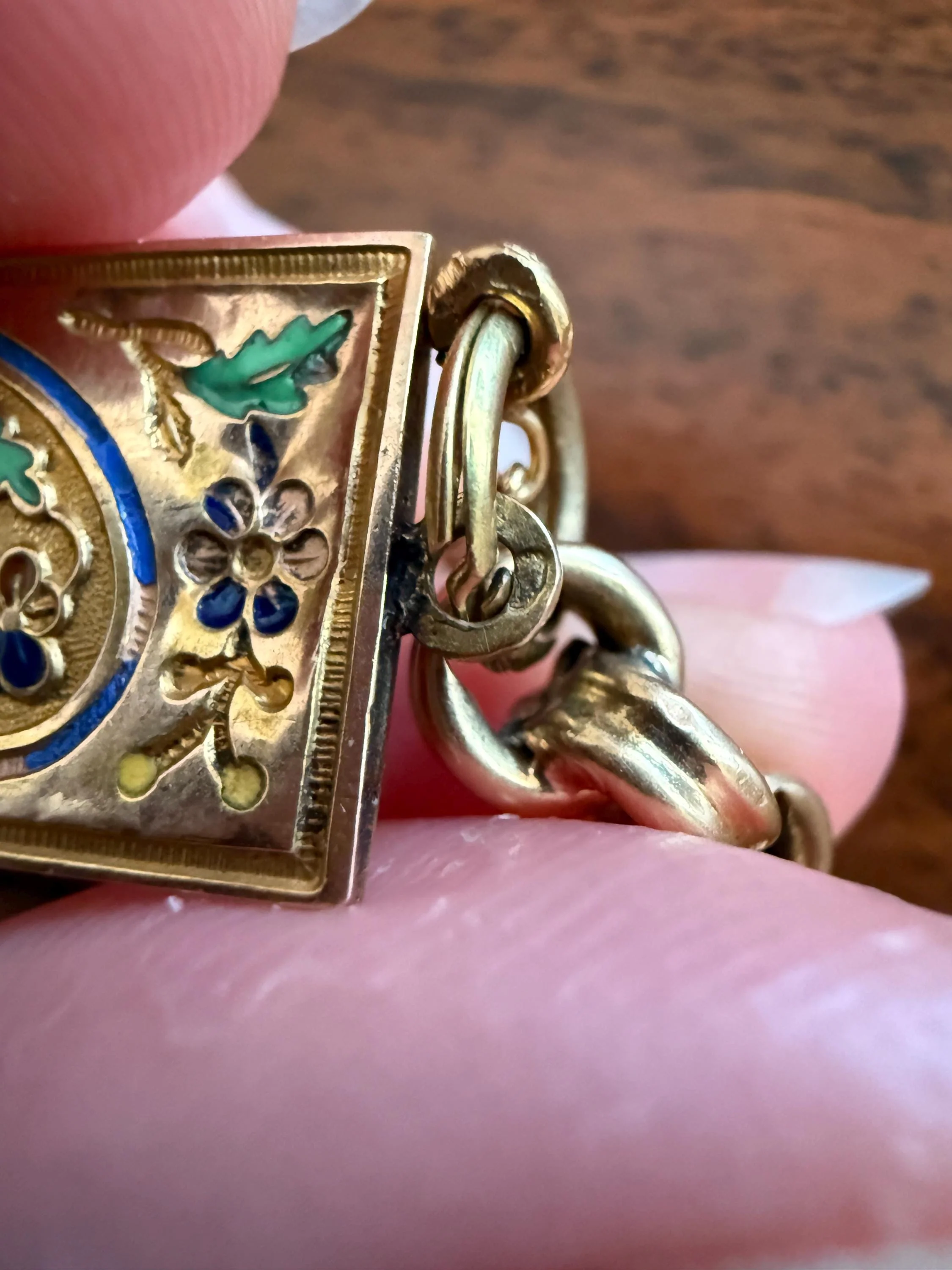 HEART Antique Chain BRACELET 18k Gold Solid Floral PANSY Forget Me Not Reversible Clasp 6.6g Think of Me French Traditional Enamel - Image 17
