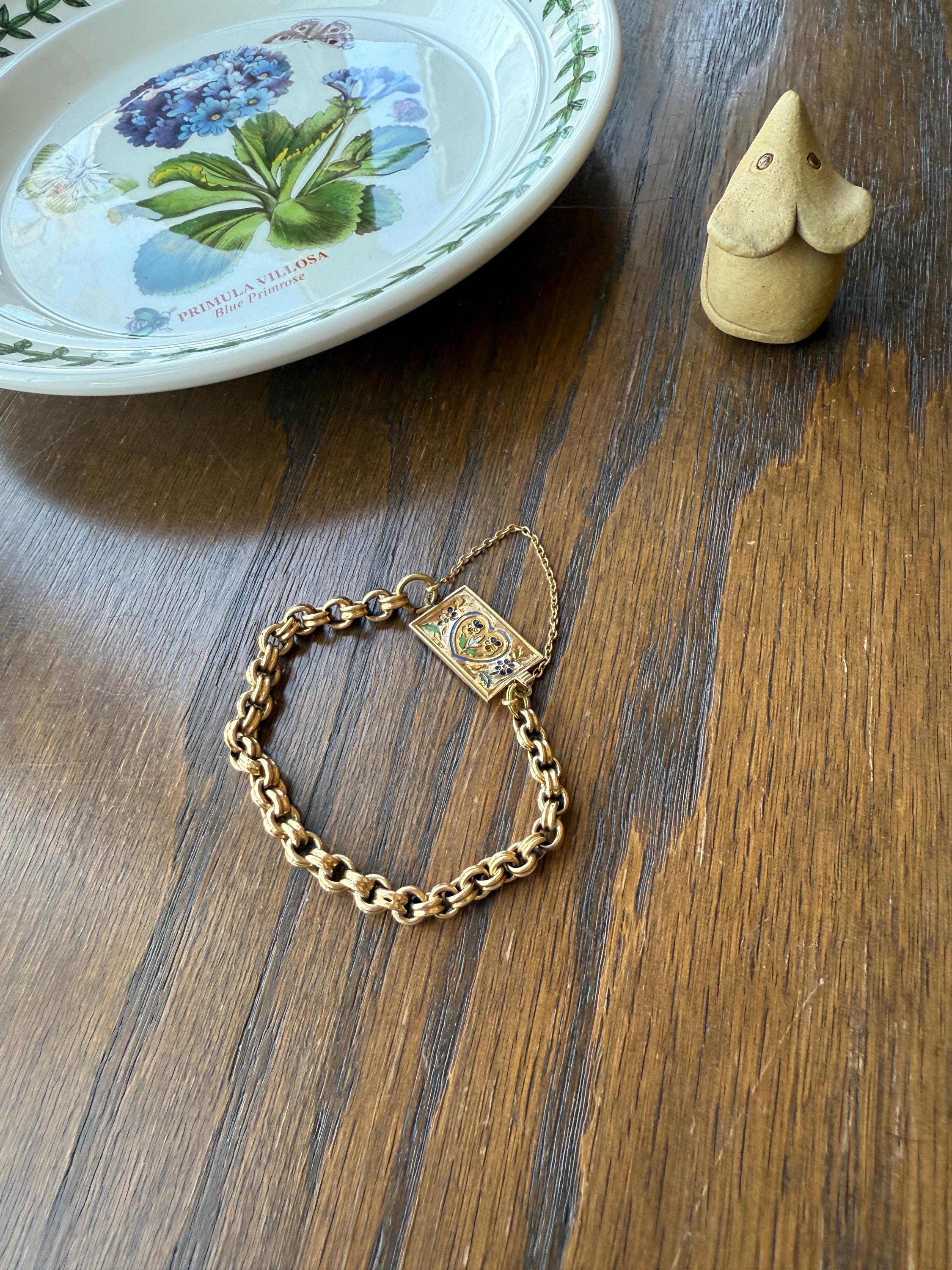 HEART Antique Chain BRACELET 18k Gold Solid Floral PANSY Forget Me Not Reversible Clasp 6.6g Think of Me French Traditional Enamel - Image 3