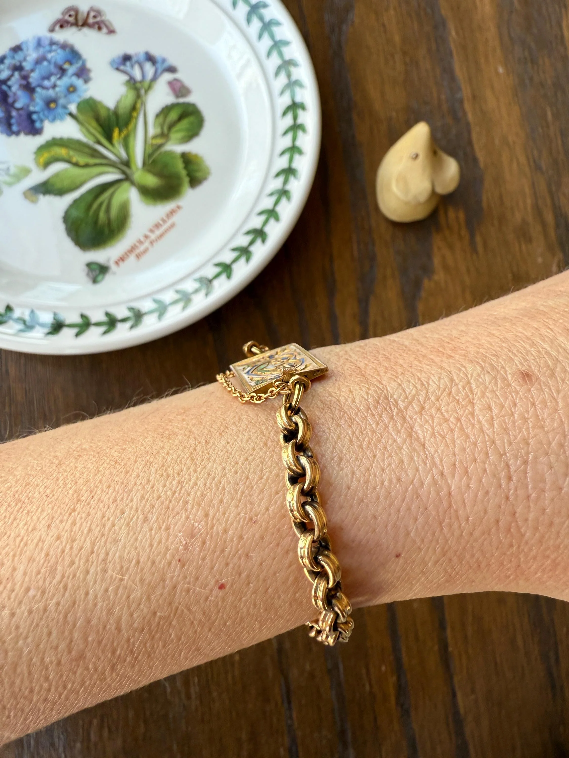 HEART Antique Chain BRACELET 18k Gold Solid Floral PANSY Forget Me Not Reversible Clasp 6.6g Think of Me French Traditional Enamel - Image 4