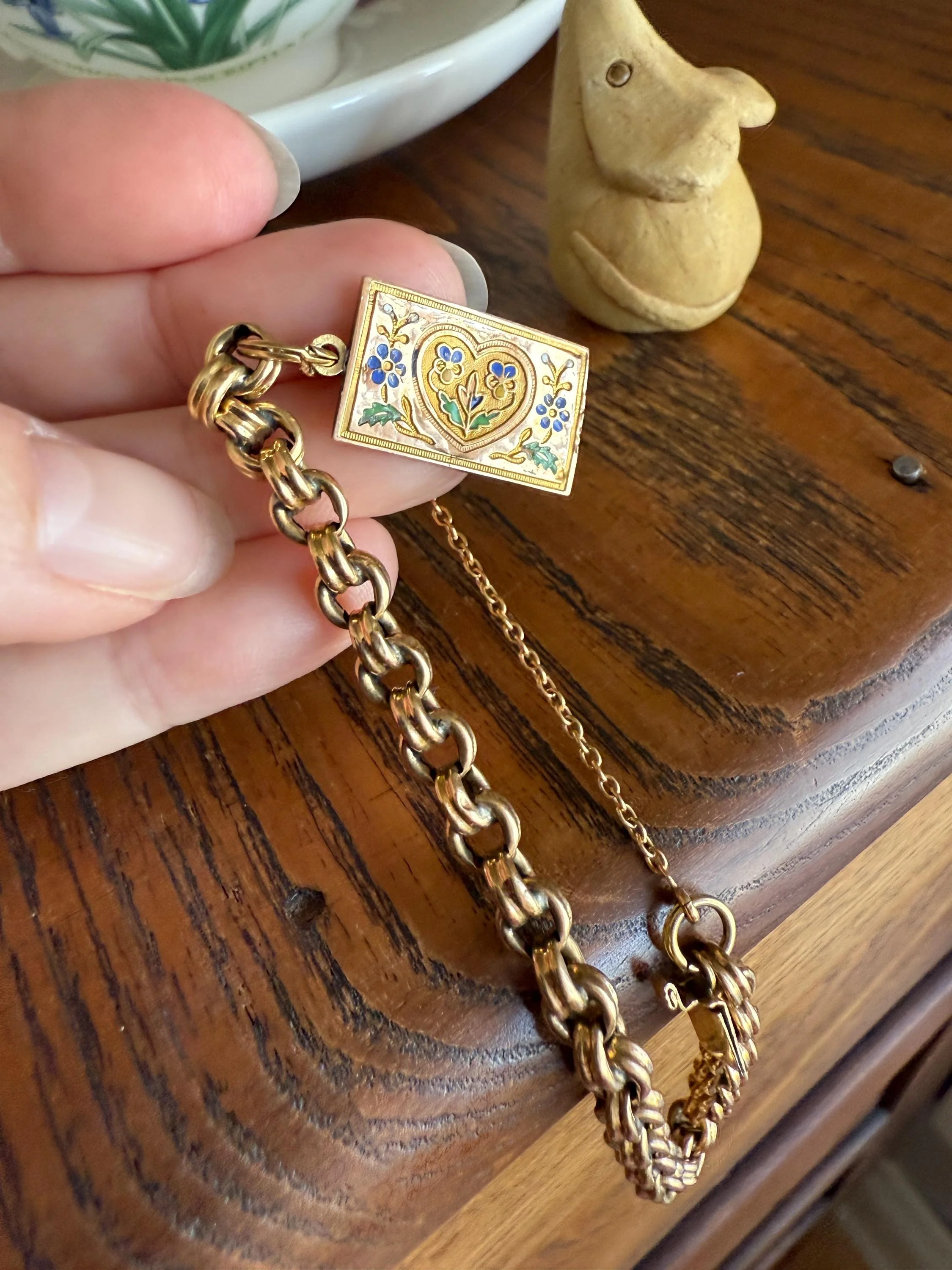 HEART Antique Chain BRACELET 18k Gold Solid Floral PANSY Forget Me Not Reversible Clasp 6.6g Think of Me French Traditional Enamel - Image 5