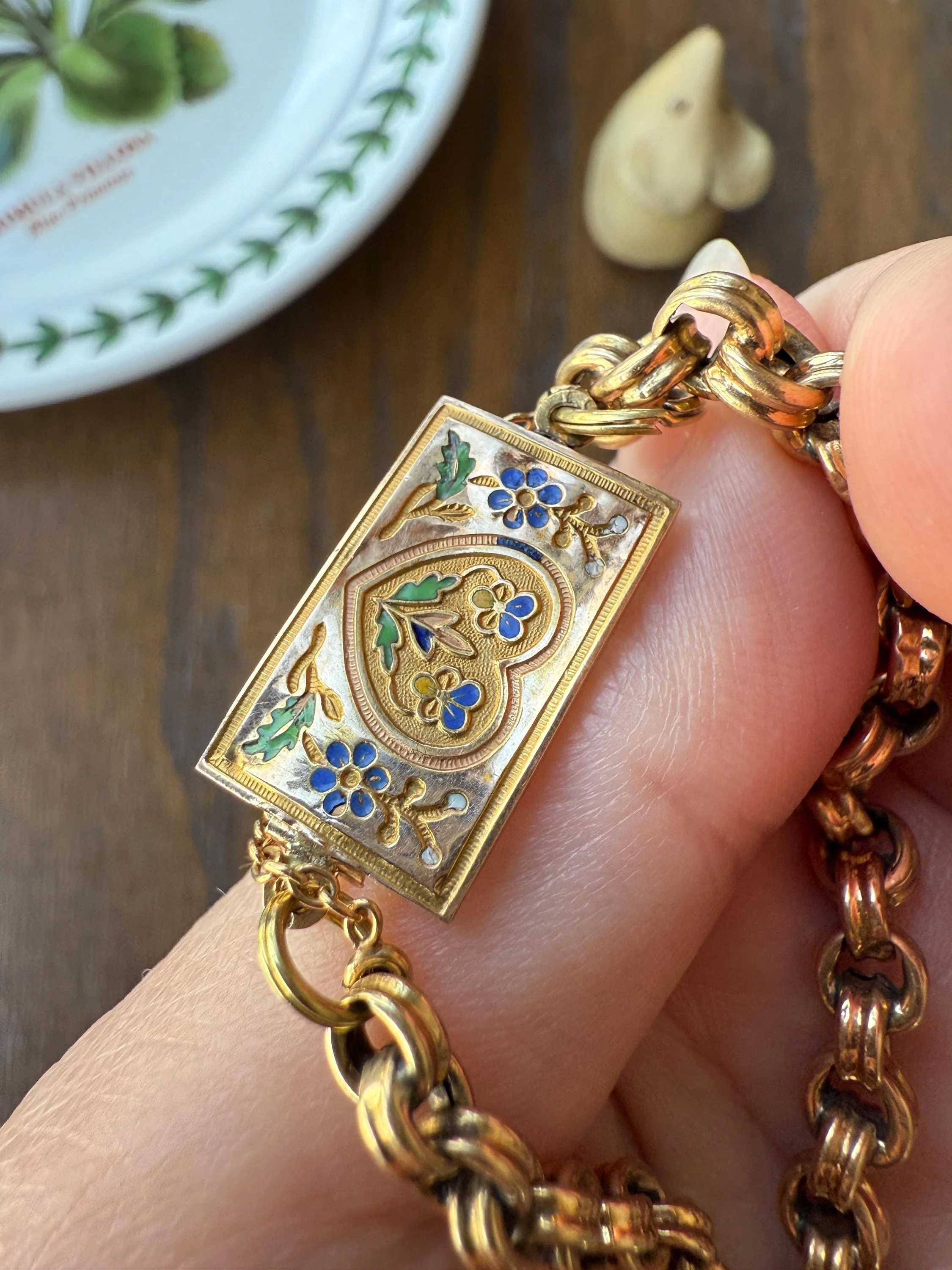 HEART Antique Chain BRACELET 18k Gold Solid Floral PANSY Forget Me Not Reversible Clasp 6.6g Think of Me French Traditional Enamel - Image 6