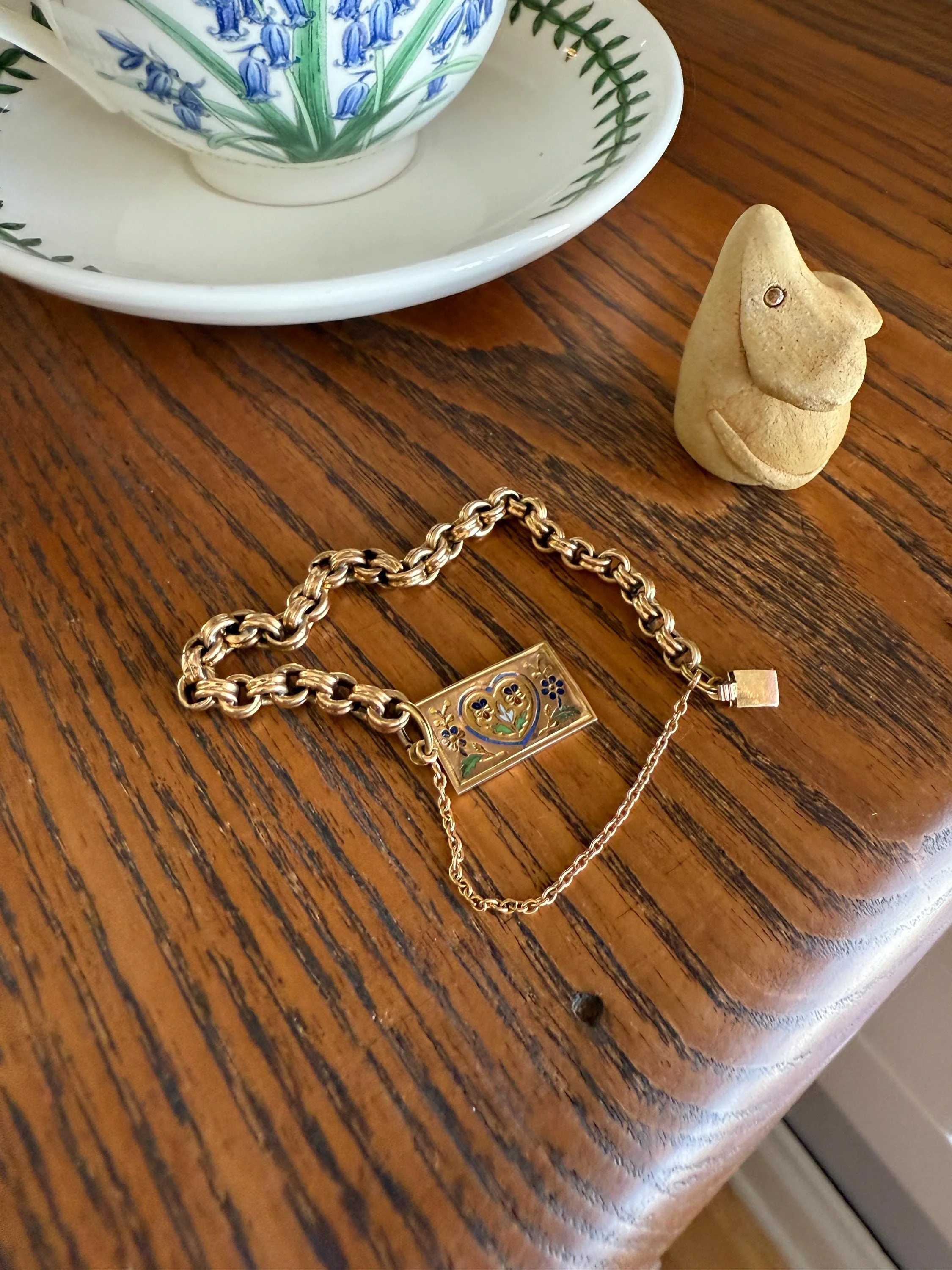 HEART Antique Chain BRACELET 18k Gold Solid Floral PANSY Forget Me Not Reversible Clasp 6.6g Think of Me French Traditional Enamel - Image 8