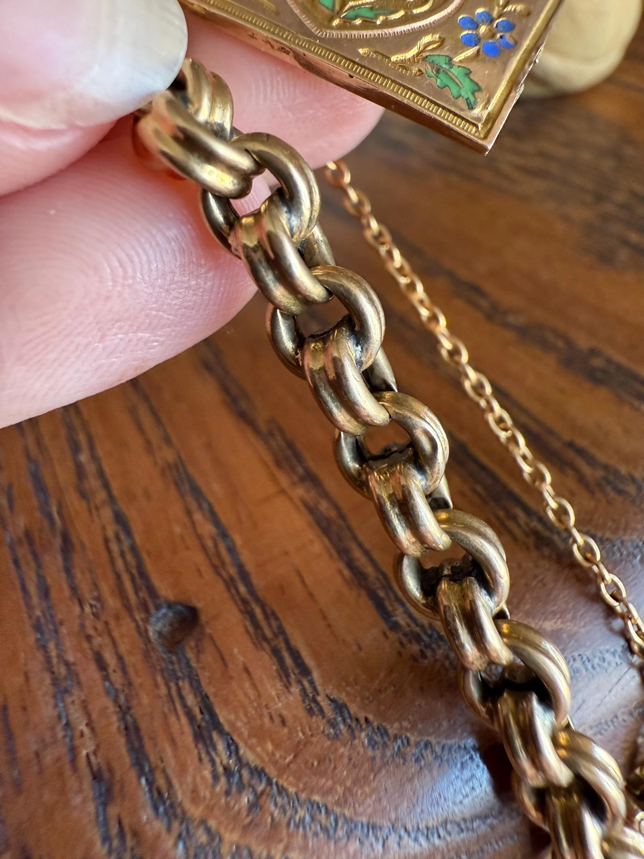 HEART Antique Chain BRACELET 18k Gold Solid Floral PANSY Forget Me Not Reversible Clasp 6.6g Think of Me French Traditional Enamel - Image 9