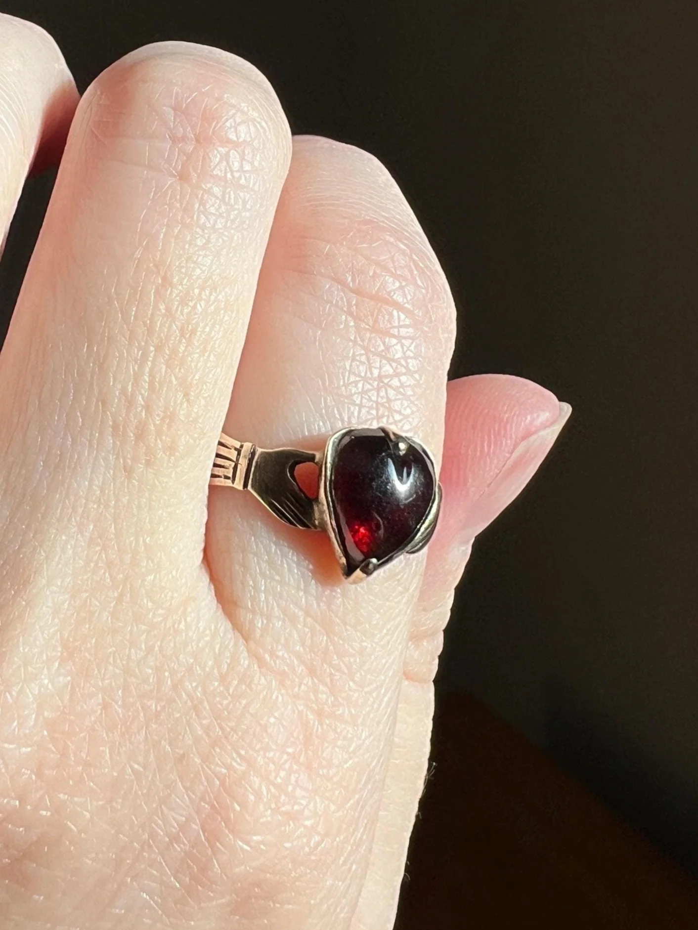 HEART Crimson GARNET Victorian Antique FEDE Hands Holding Love Ring Antique 10k Gold Glowing Figural Band