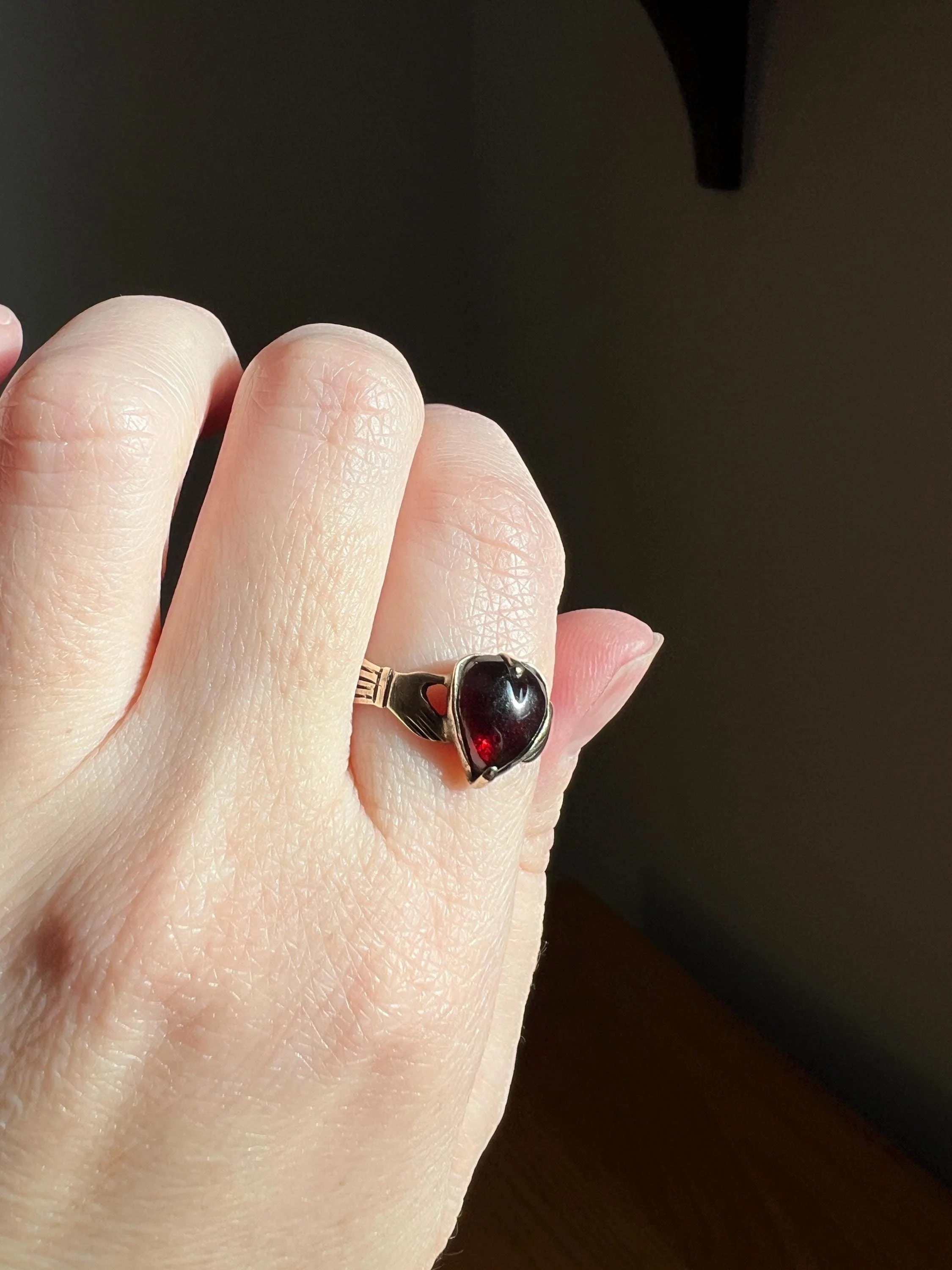HEART Crimson GARNET Victorian Antique FEDE Hands Holding Love Ring Antique 10k Gold Glowing Figural Band - Image 11