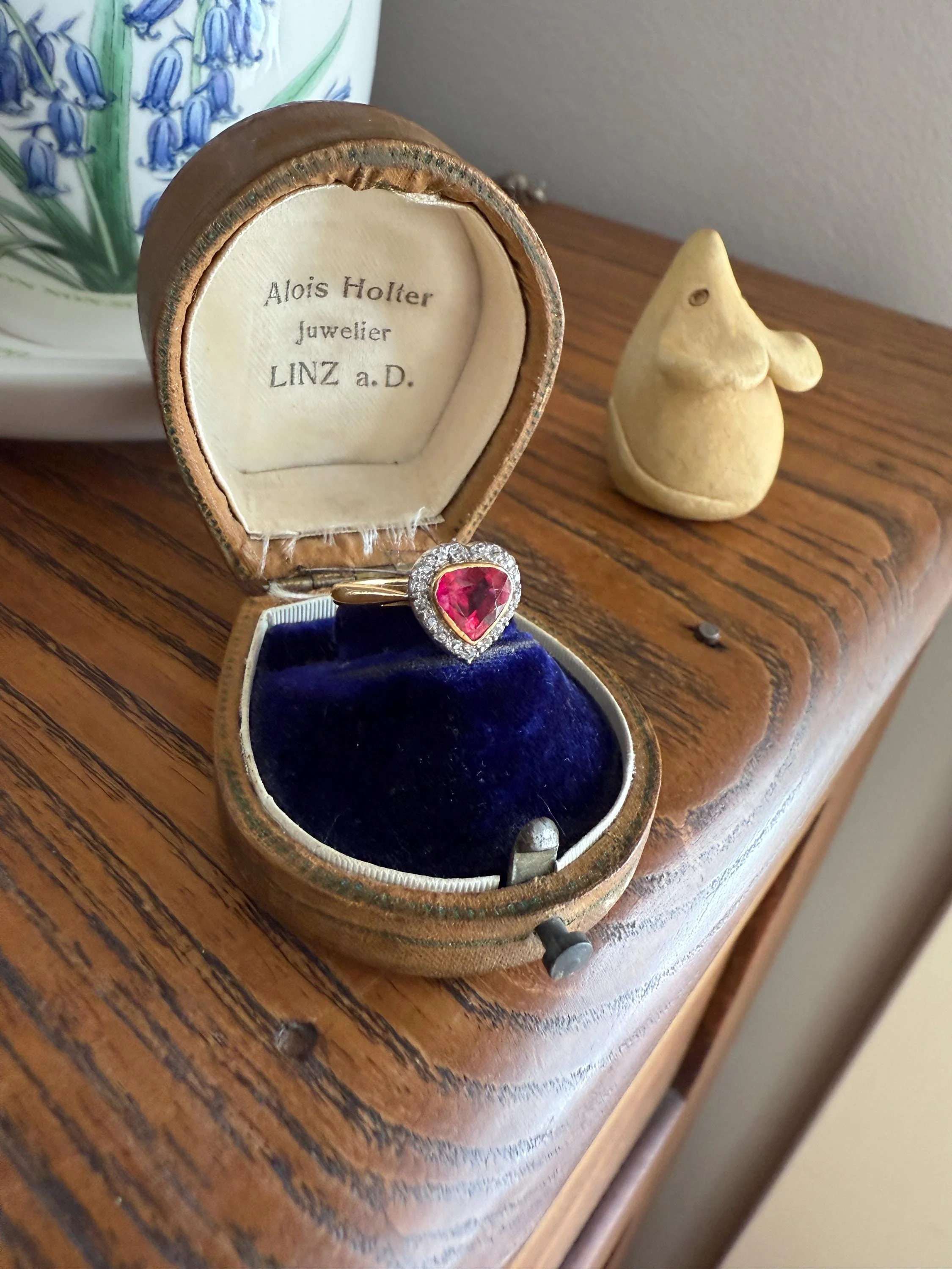 HEART French Antique Ruby Old Mine Cut Diamond 18k Gold Figural Halo Ring Pink Colorful Stacker Romantic Gift - Image 10