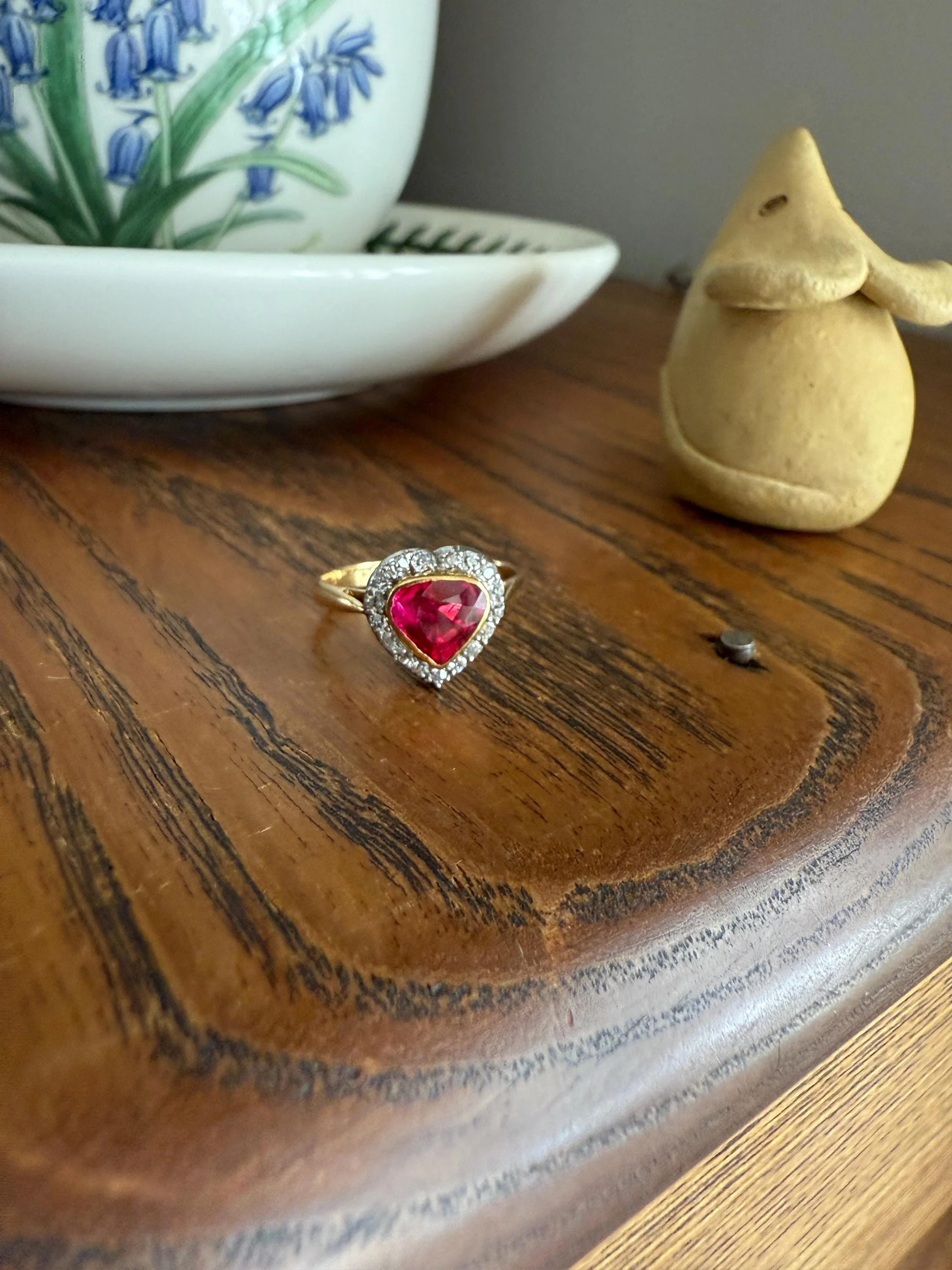 HEART French Antique Ruby Old Mine Cut Diamond 18k Gold Figural Halo Ring Pink Colorful Stacker Romantic Gift - Image 11
