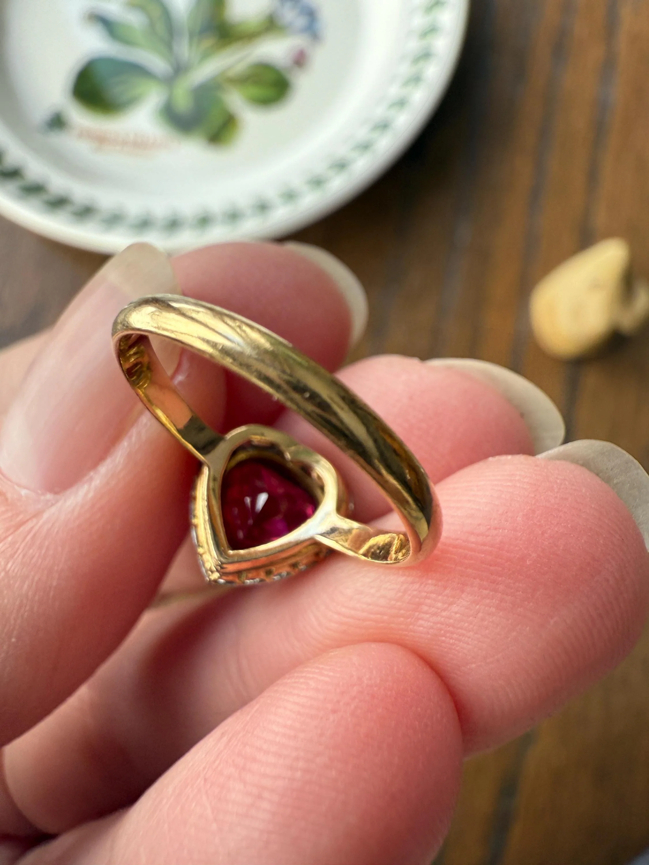 HEART French Antique Ruby Old Mine Cut Diamond 18k Gold Figural Halo Ring Pink Colorful Stacker Romantic Gift - Image 12