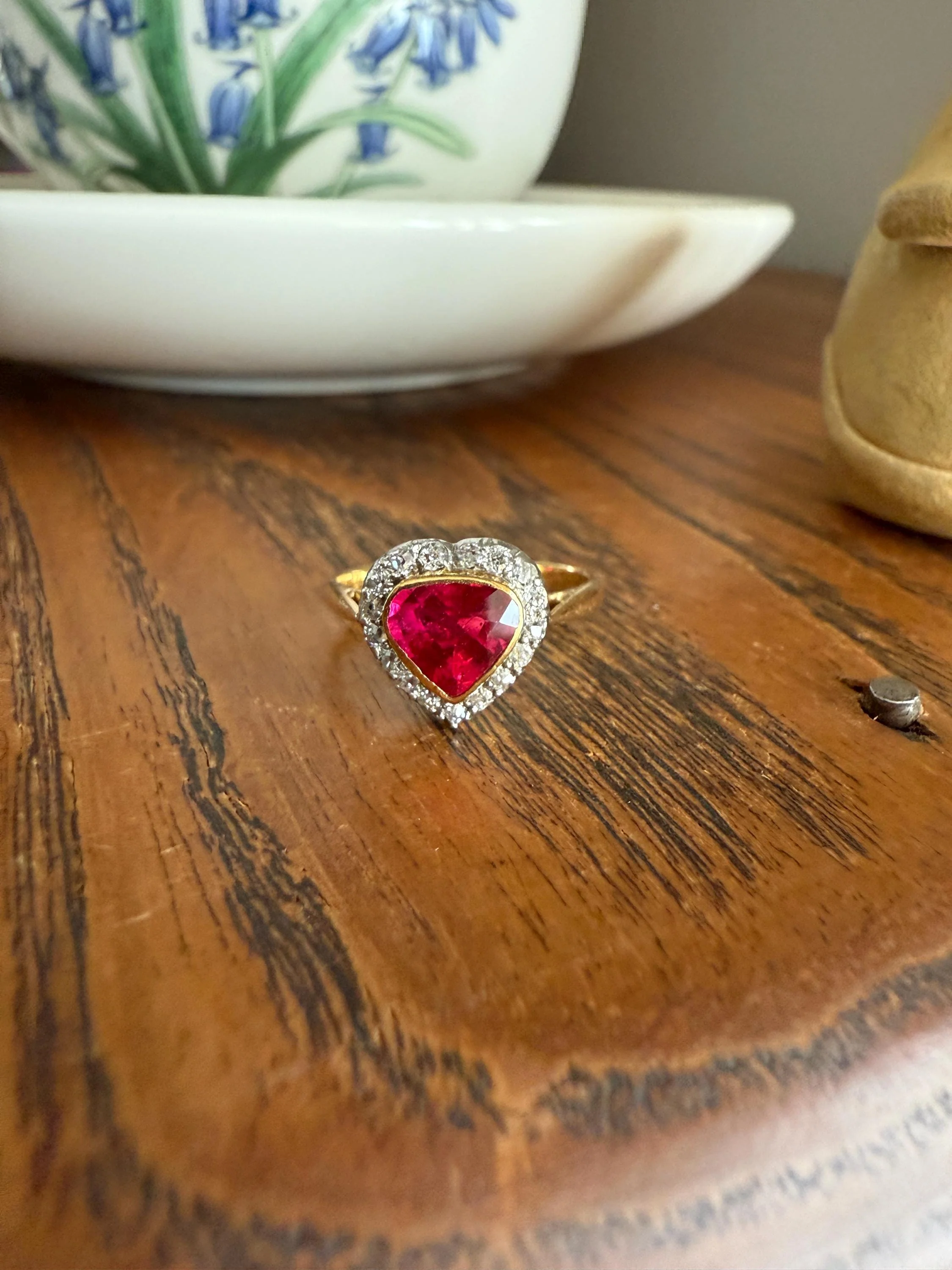 HEART French Antique Ruby Old Mine Cut Diamond 18k Gold Figural Halo Ring Pink Colorful Stacker Romantic Gift - Image 2