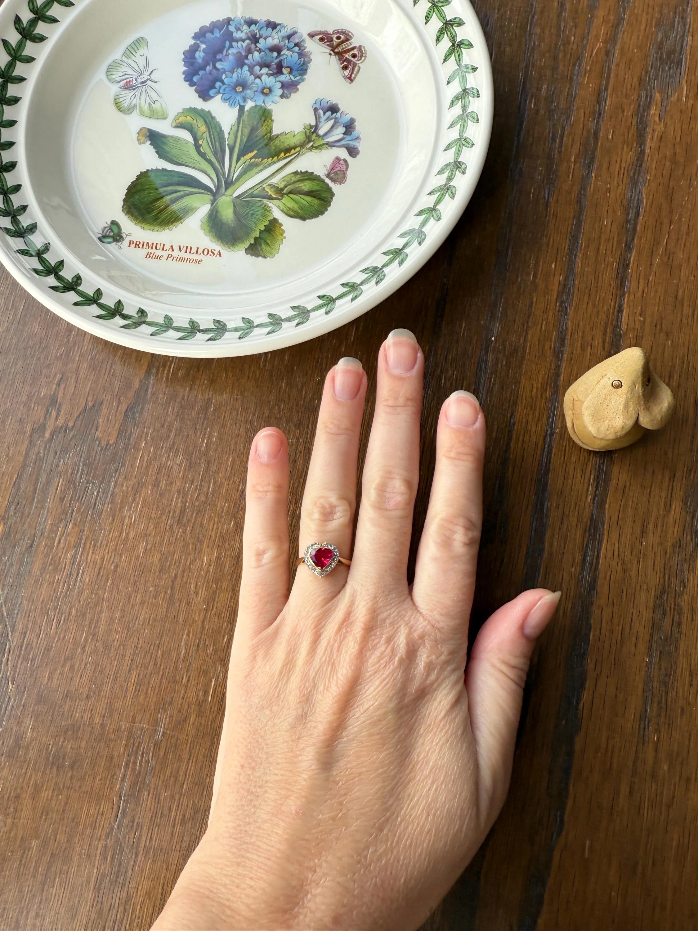 HEART French Antique Ruby Old Mine Cut Diamond 18k Gold Figural Halo Ring Pink Colorful Stacker Romantic Gift - Image 3