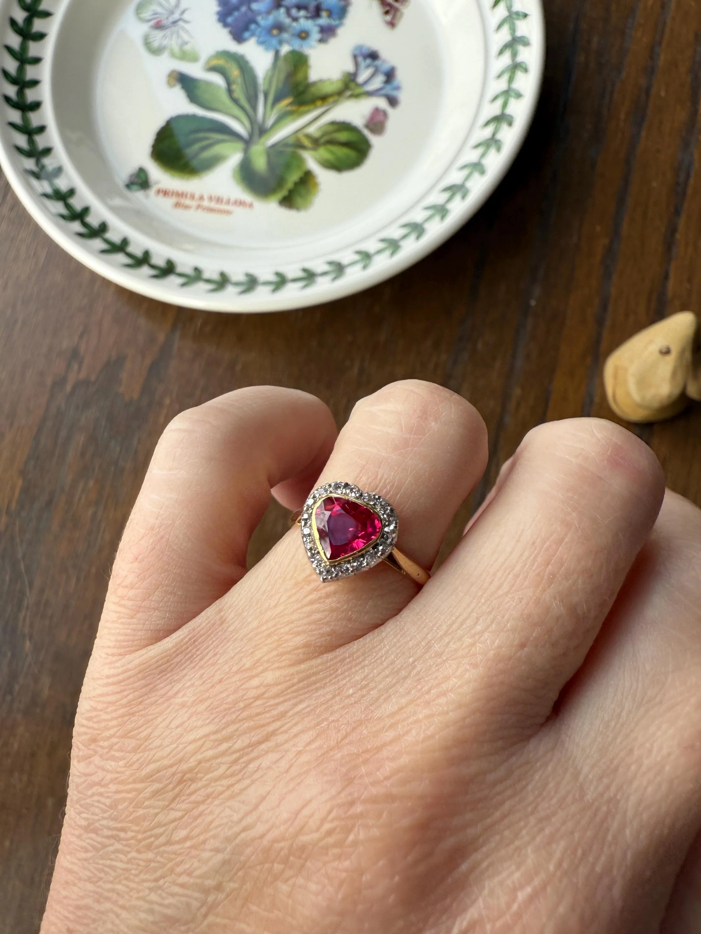 HEART French Antique Ruby Old Mine Cut Diamond 18k Gold Figural Halo Ring Pink Colorful Stacker Romantic Gift - Image 4