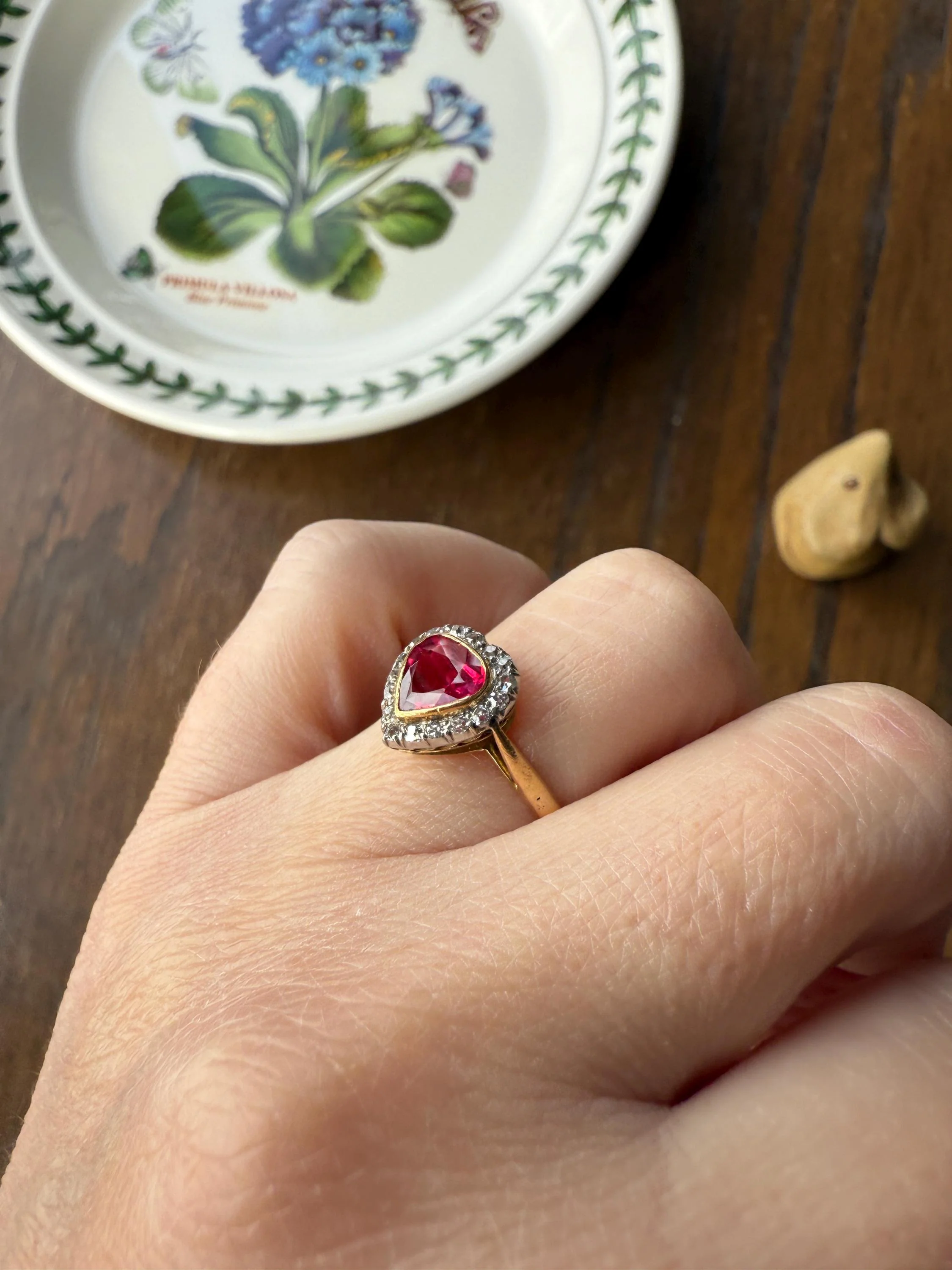 HEART French Antique Ruby Old Mine Cut Diamond 18k Gold Figural Halo Ring Pink Colorful Stacker Romantic Gift - Image 6